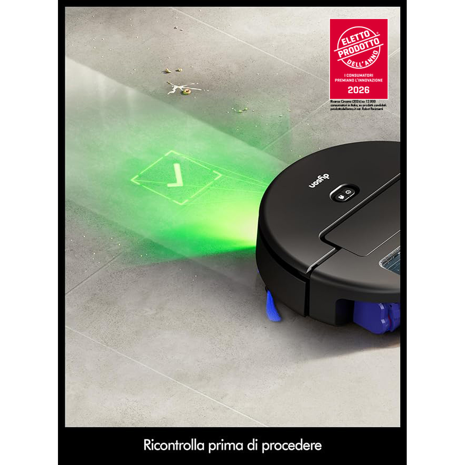 Un robot aspirapolvere nero pulisce un pavimento grigio, proiettando luce verde.
