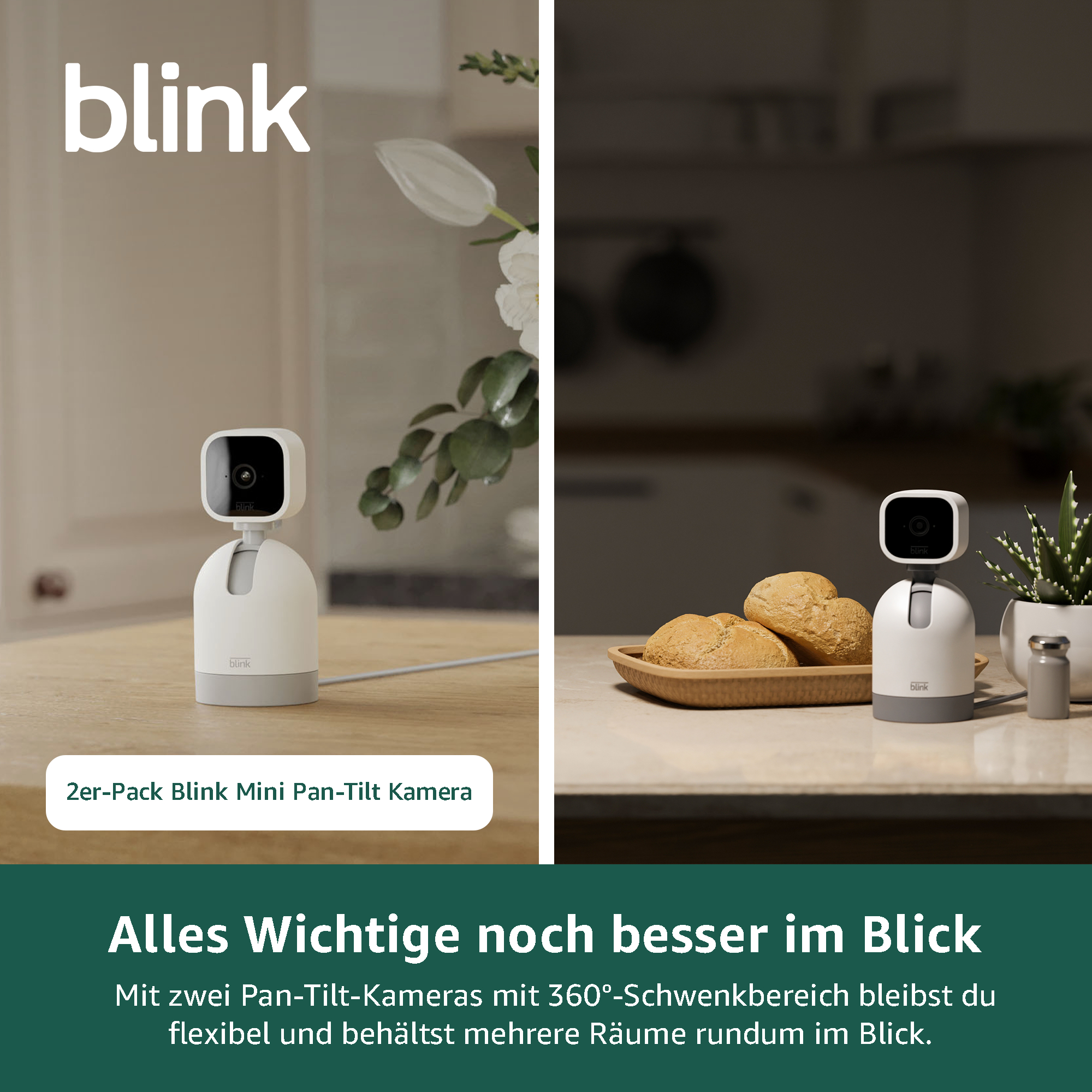 Zwei weiße Blink Kameras auf Holztisch mit Brot und Pflanze.