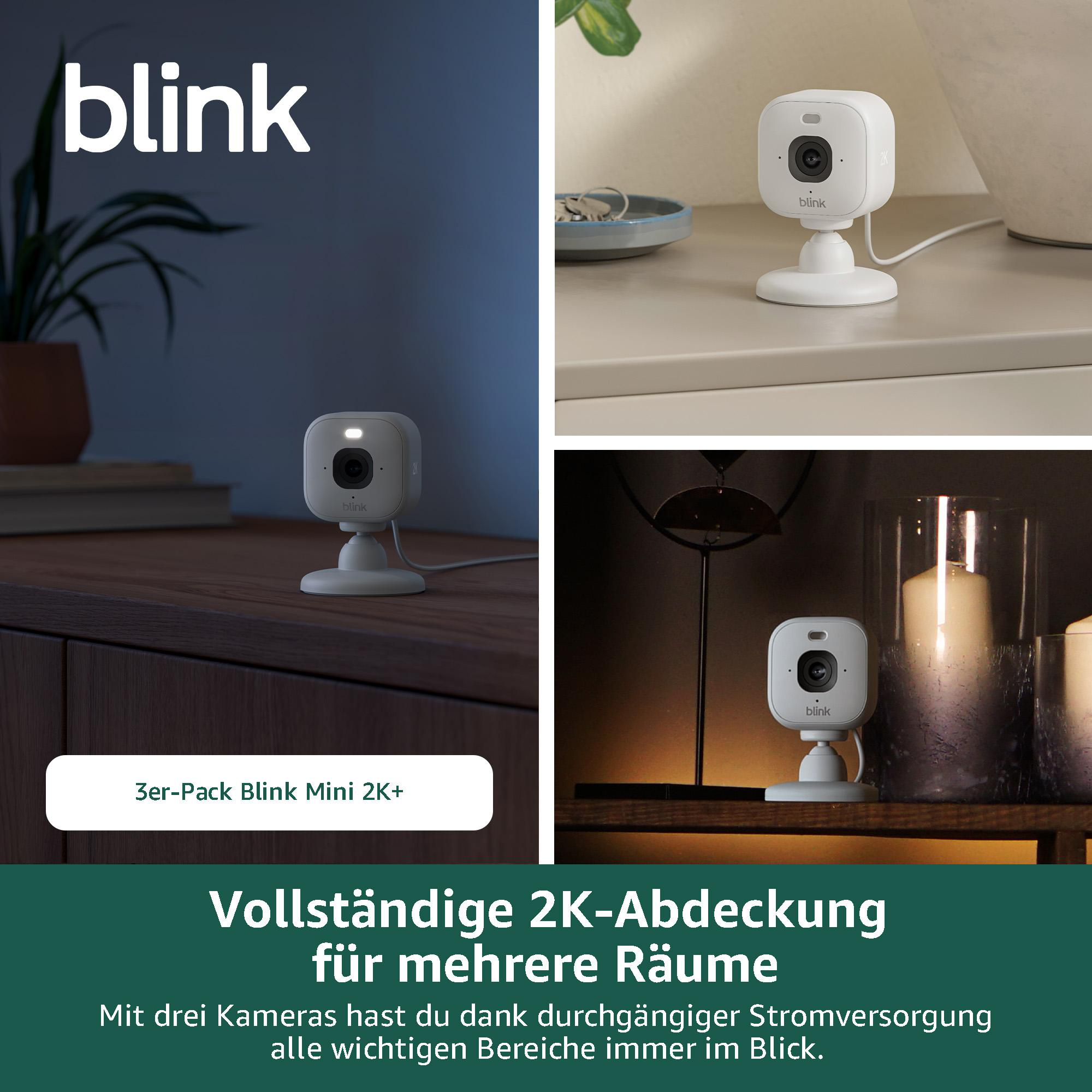 Blink Kameras in verschiedenen Räumen, mit Text über 2K Abdeckung.