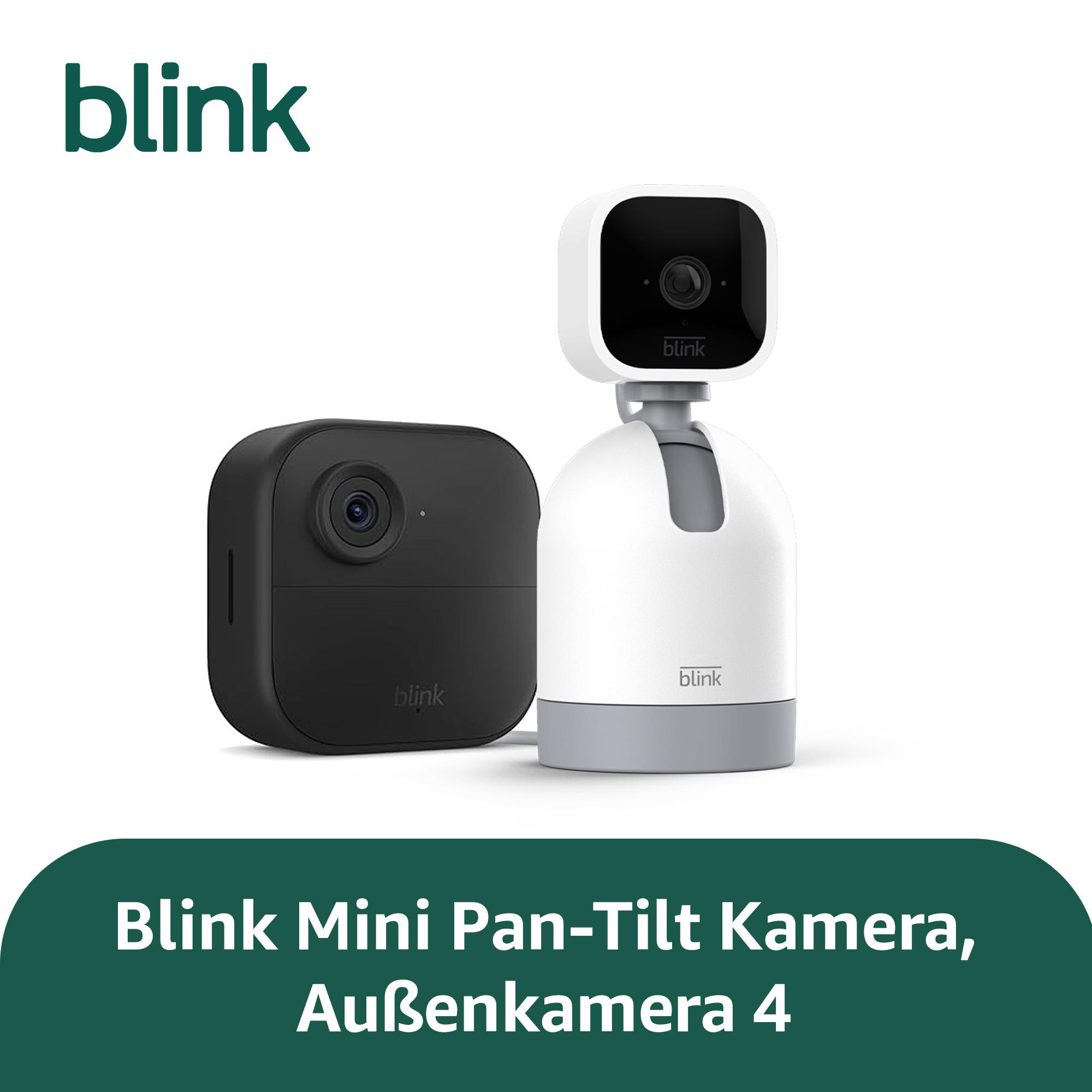 Zwei Blink Kameras: eine schwarze, eine weiße mit Sockel.