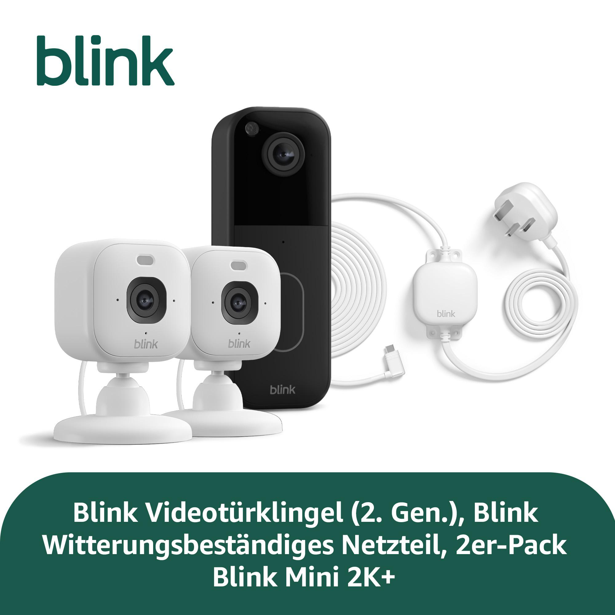 Blink-Türklingel, zwei Kameras, Netzteil und Stecker auf weißem Grund.
