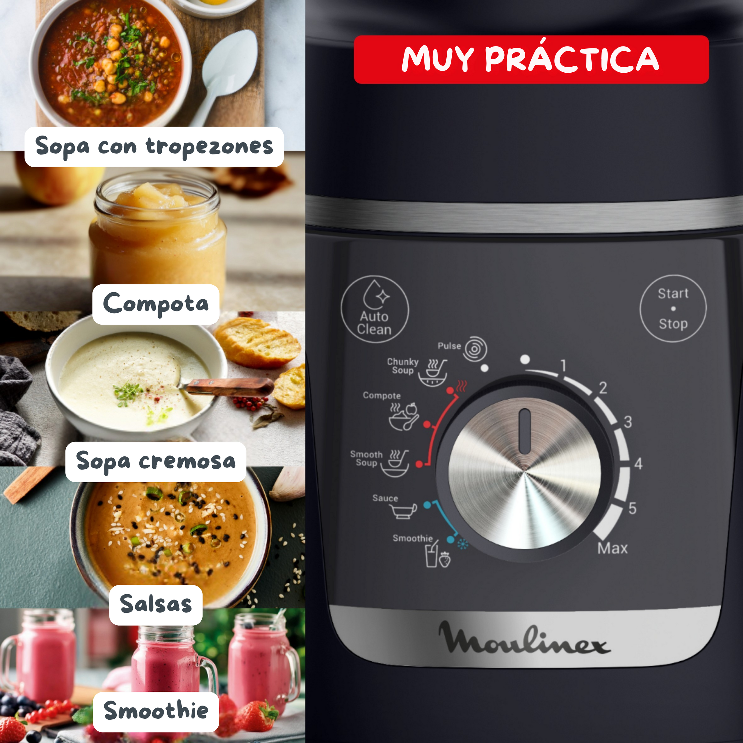 Muy práctica. Sopa con tropezones. Compota. Sopa Cremosa. Salsa. Smoothie