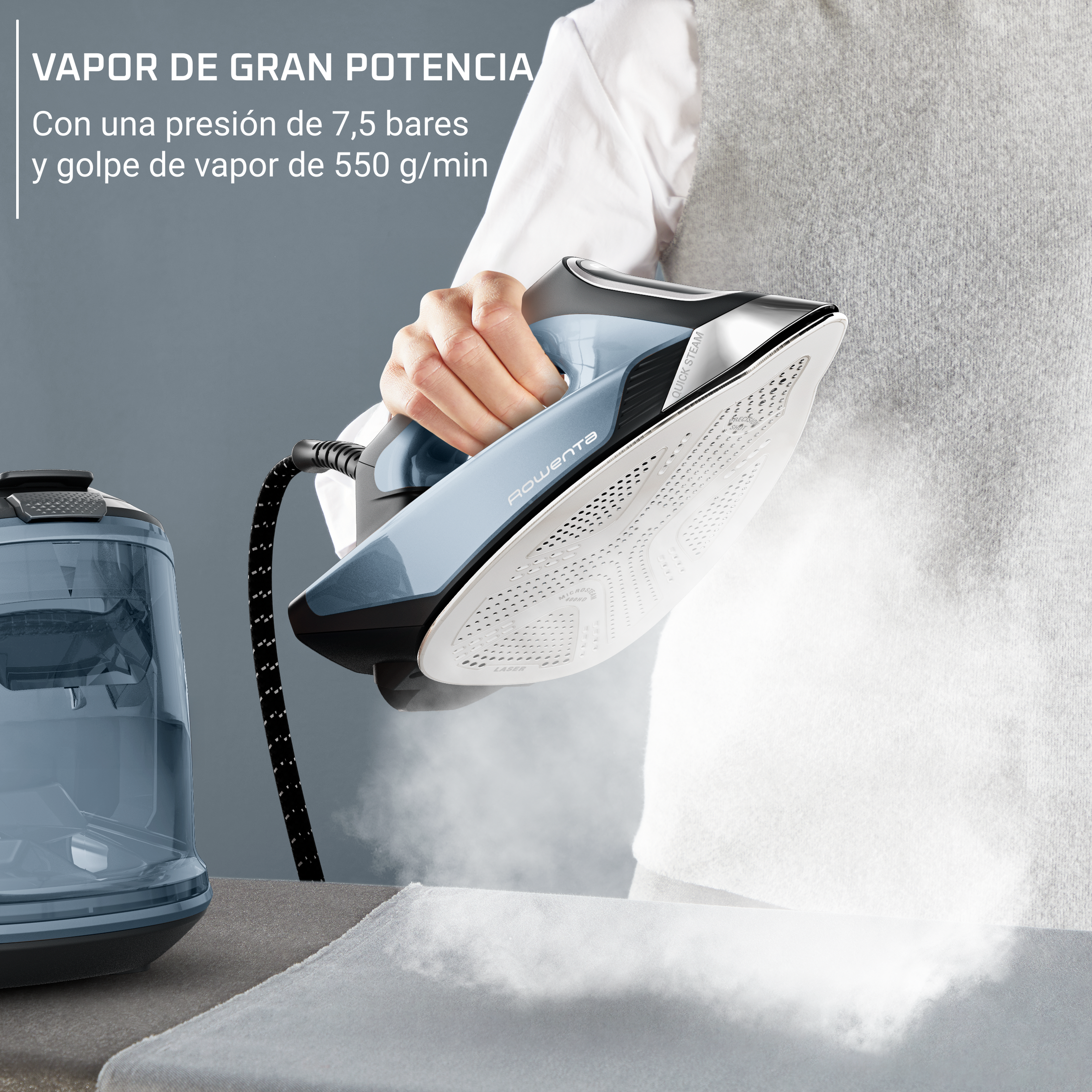 Vapor con gran potencia. Con una presión de 7,5 bares y golpe de vapor de 550 g/min