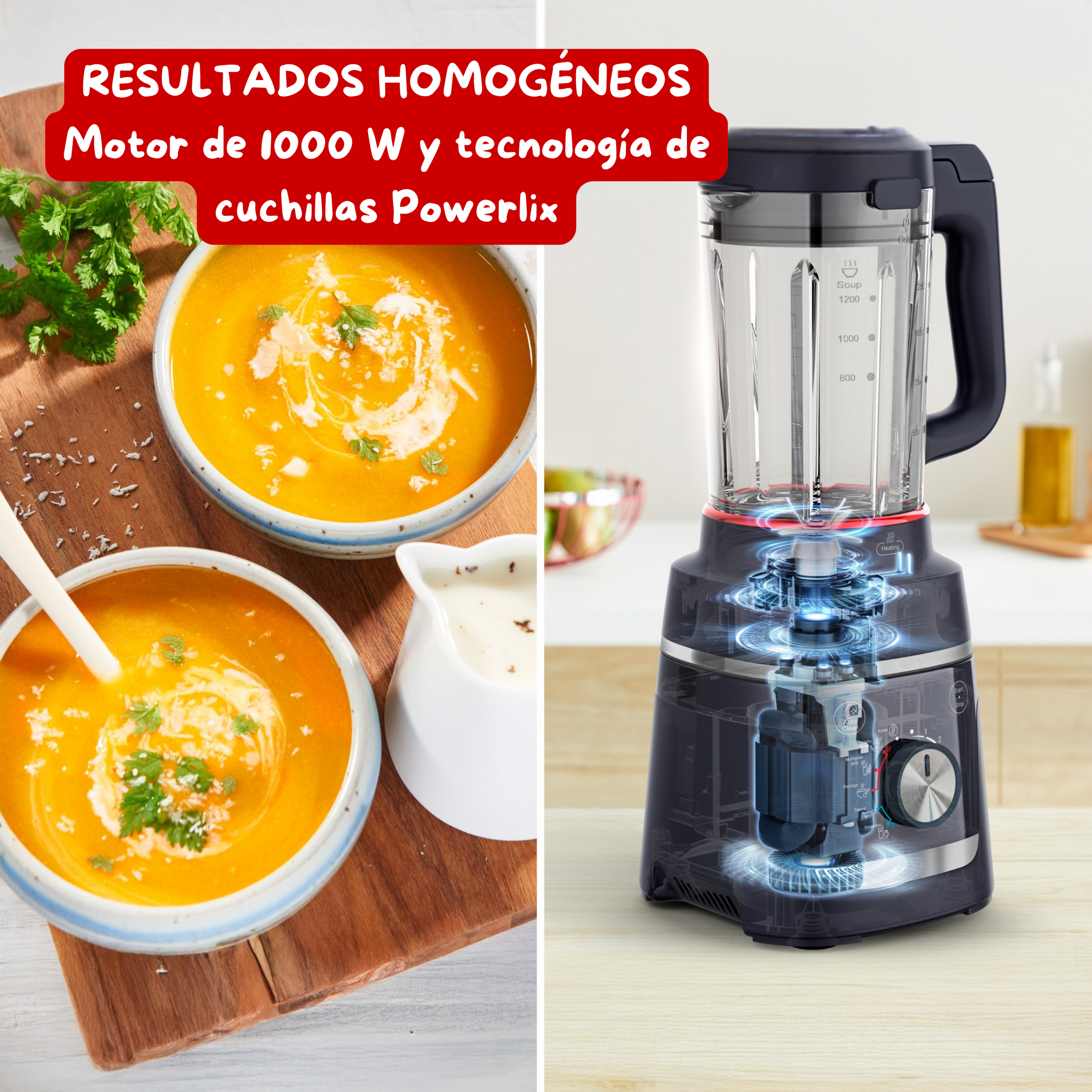 Resultados Homogeneos. Motor de 1000w y tecnología de cuchillas Powerlix
