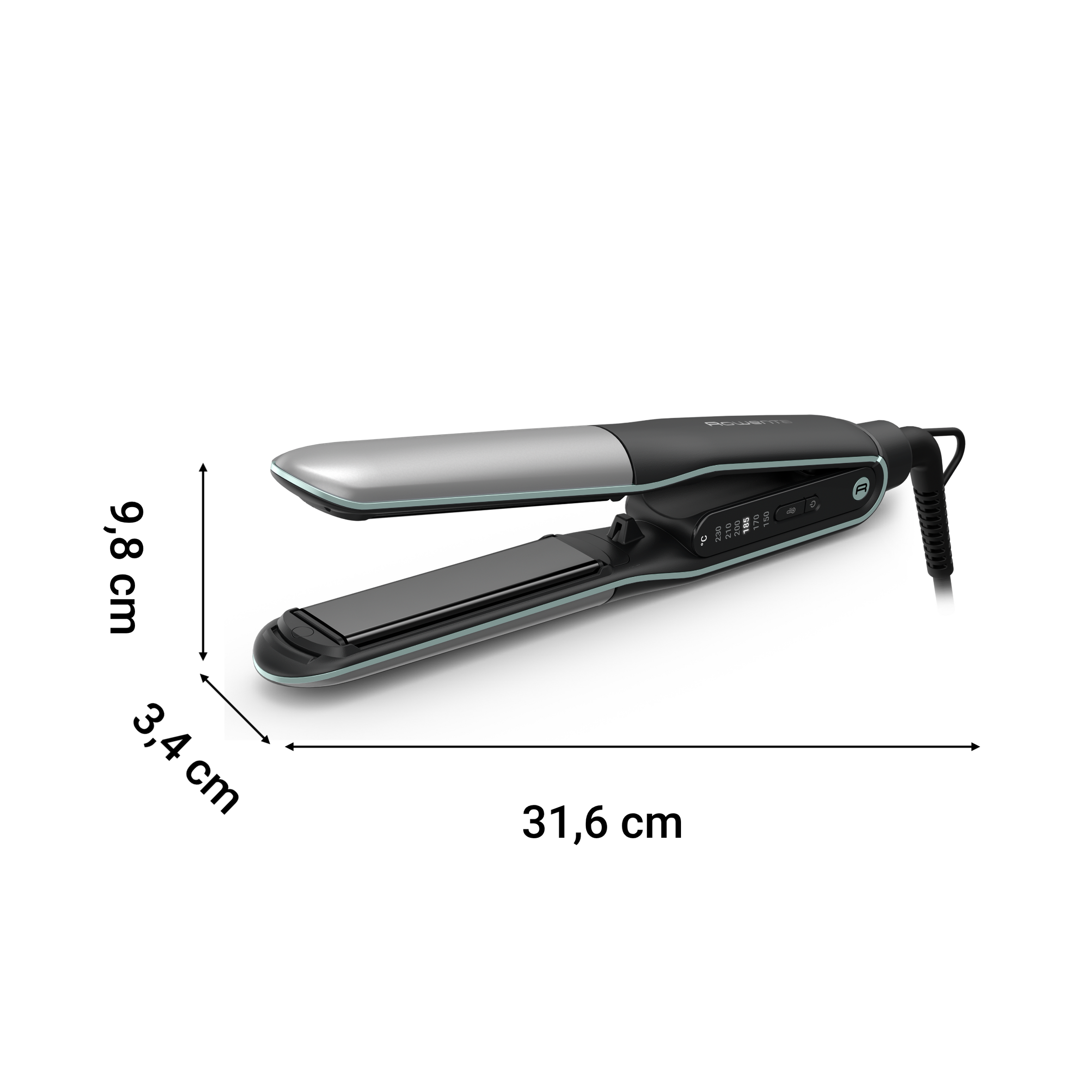 Una plancha de pelo negra y plateada con ajustes digitales. Dimensiones: 31,6x9,8x3,4 cm.