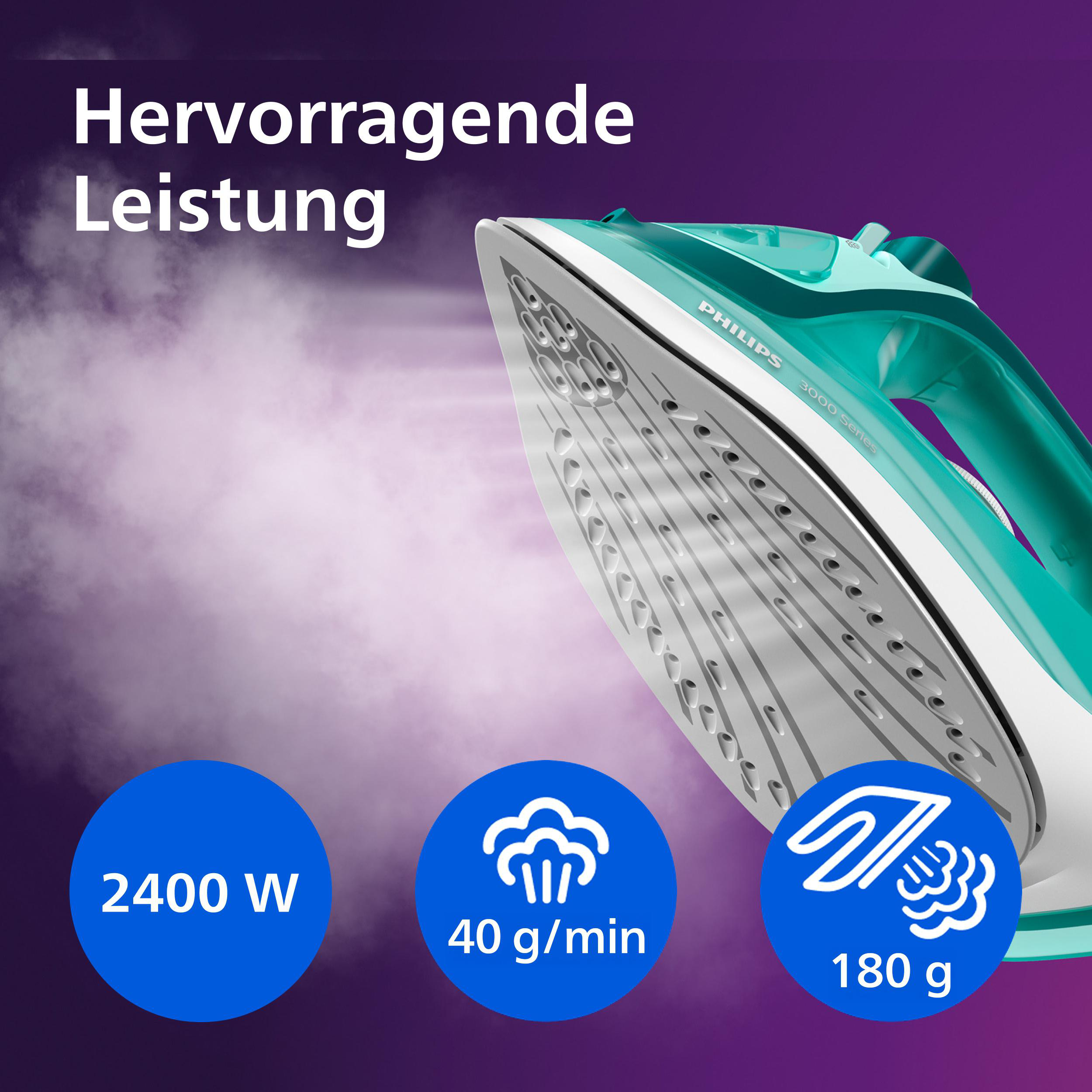 Türkisgrünes Philips Bügeleisen mit 2400W, 40g/min Dampf, 180g Tank.