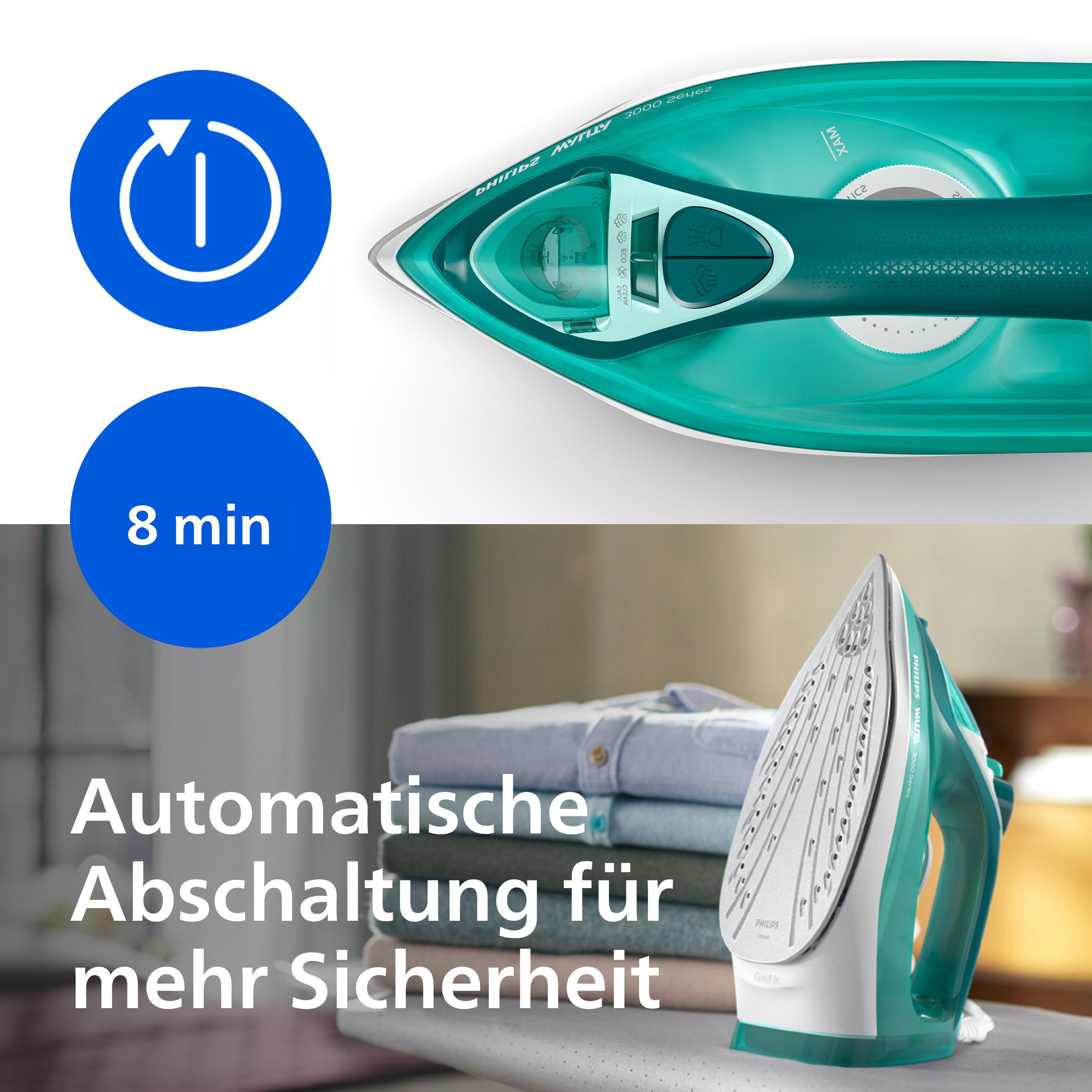 Grünes Bügeleisen mit blauen Symbolen und Text. 8 min. Automatische Abschaltung.