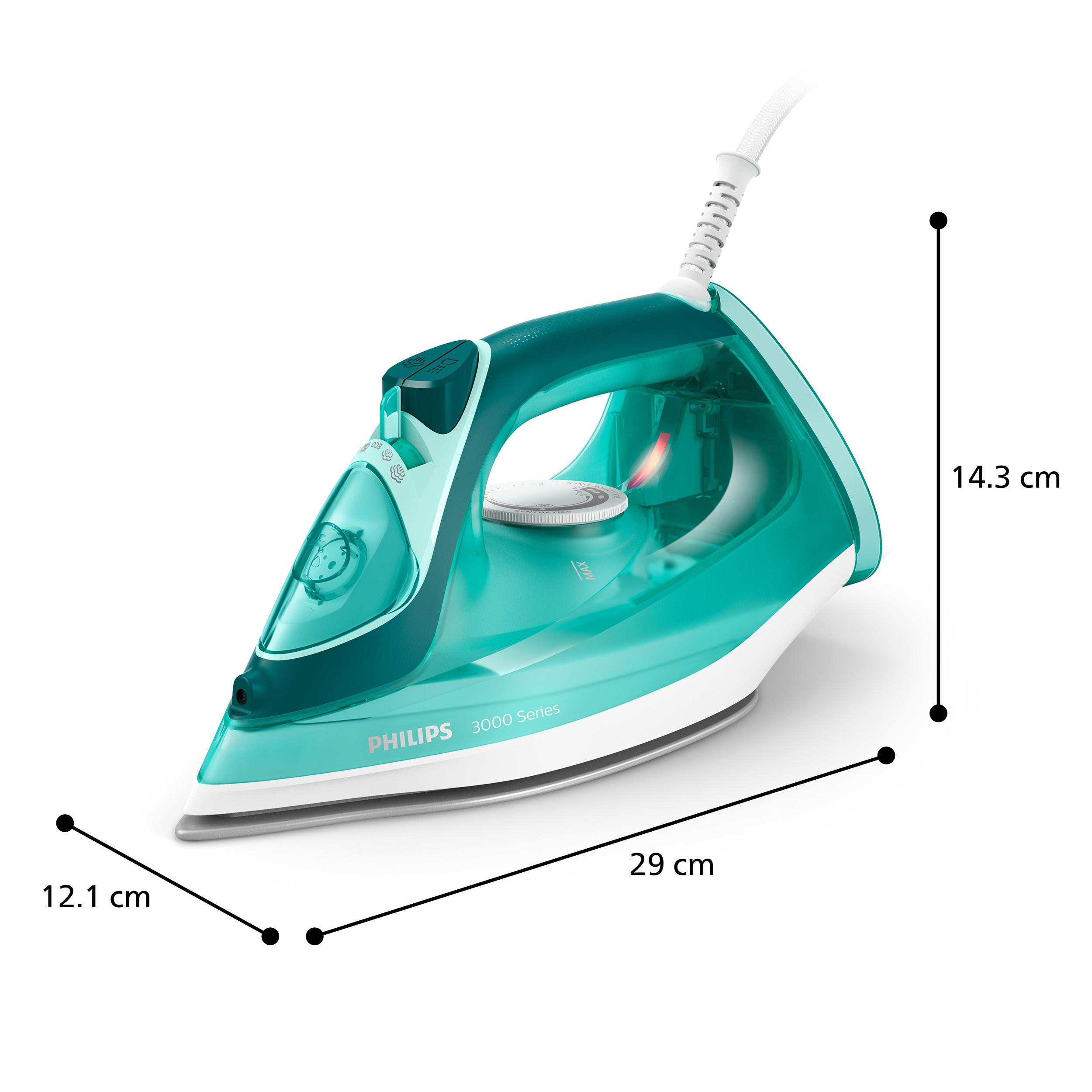 Ein türkisfarbener Philips 3000 Series Dampfbügeleisen auf weißem Hintergrund.