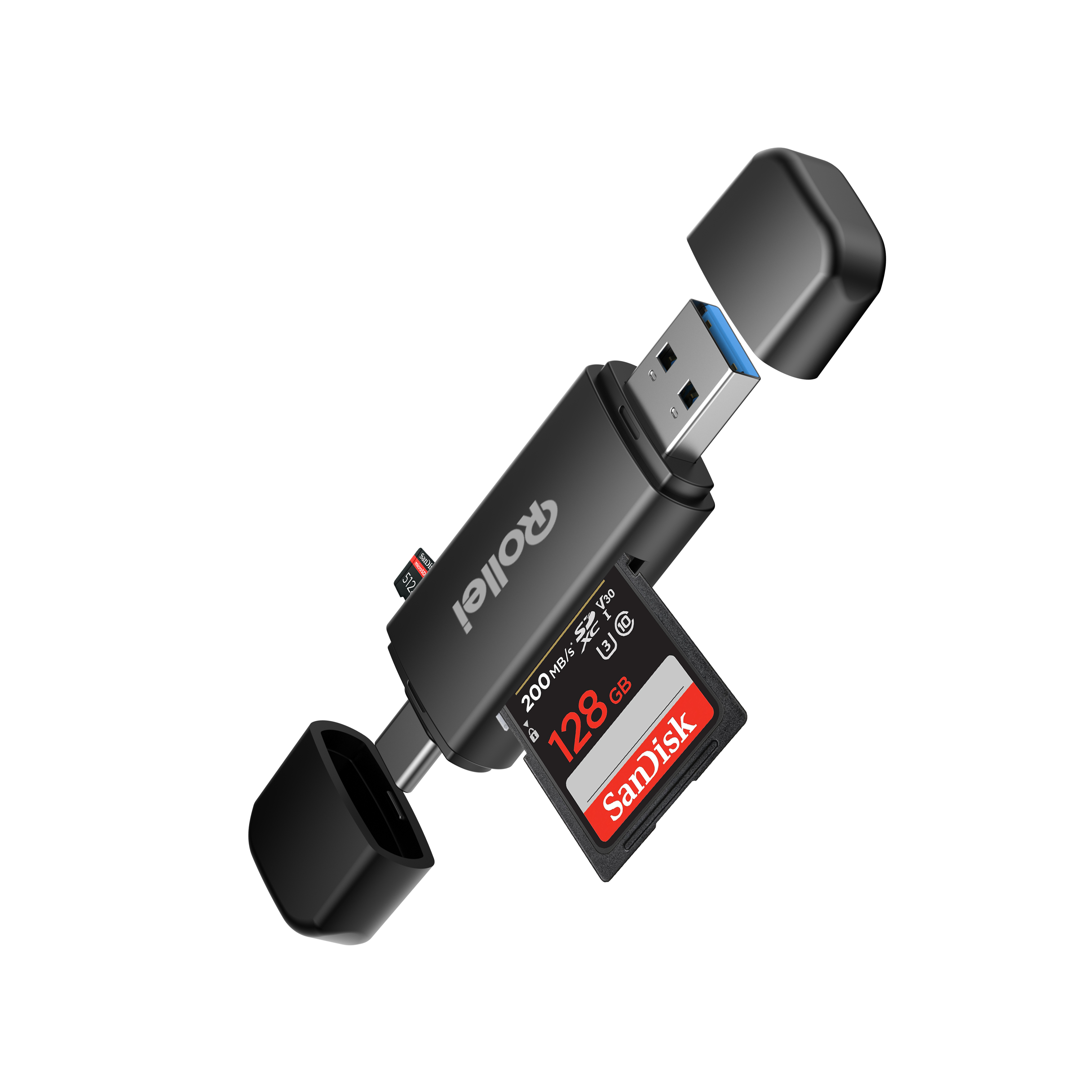 Ein schwarzer USB-C-Kartenleser mit eingesteckter SD-Karte und MicroSD-Karte.