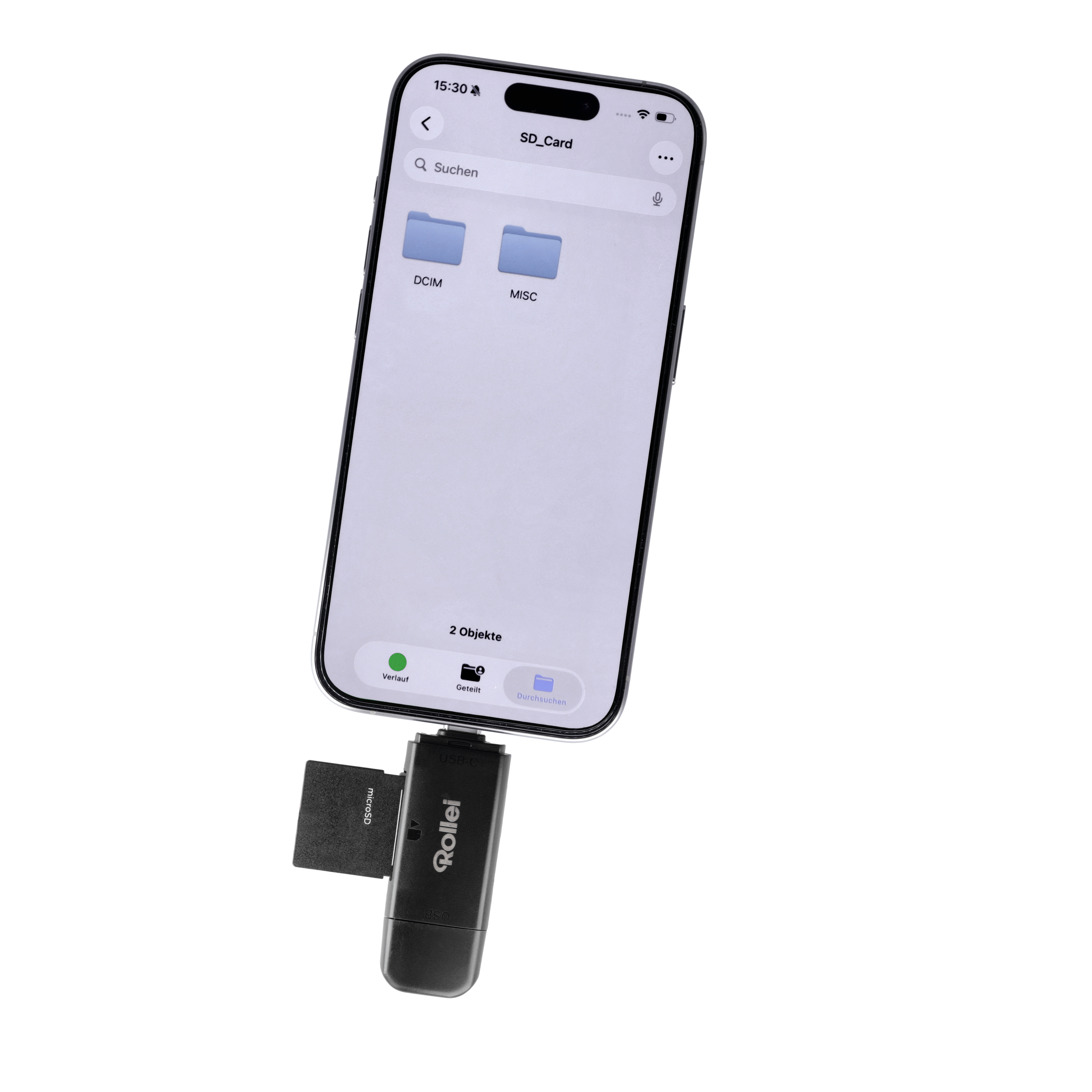 Ein Smartphone mit einem SD-Kartenleser und einer microSD-Karte. Die Anzeige zeigt Ordner.