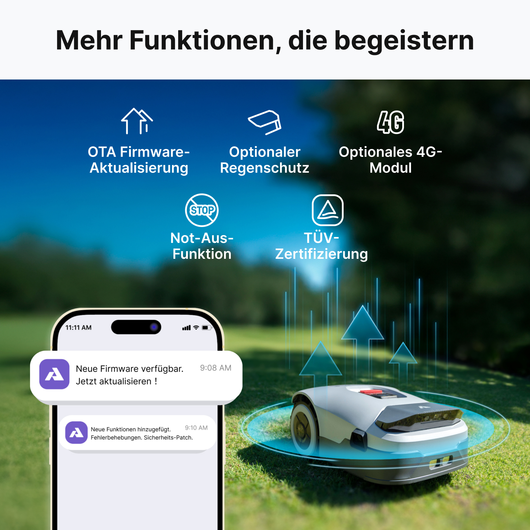 Ein Mähroboter auf dem Rasen mit Icons für Updates, Regenschutz, 4G und App-Benachrichtigungen.