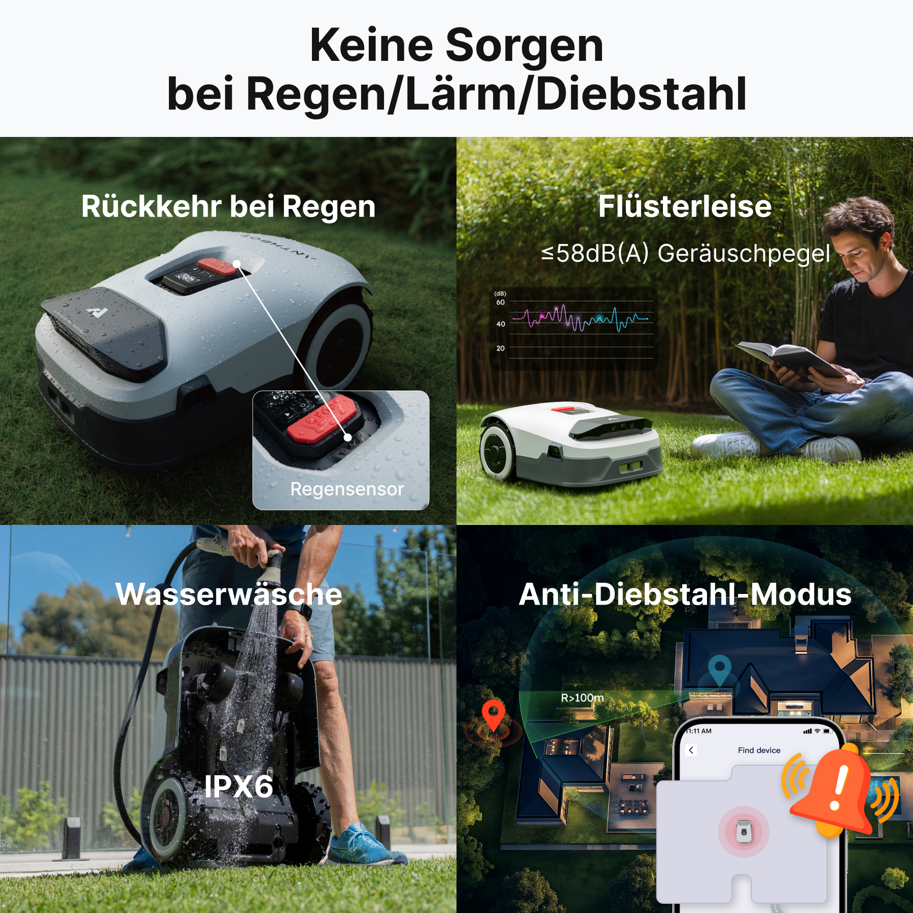 Rasenmäher mit Regensensor, Schallpegelgrafik, Reinigung und Diebstahlschutz-App.