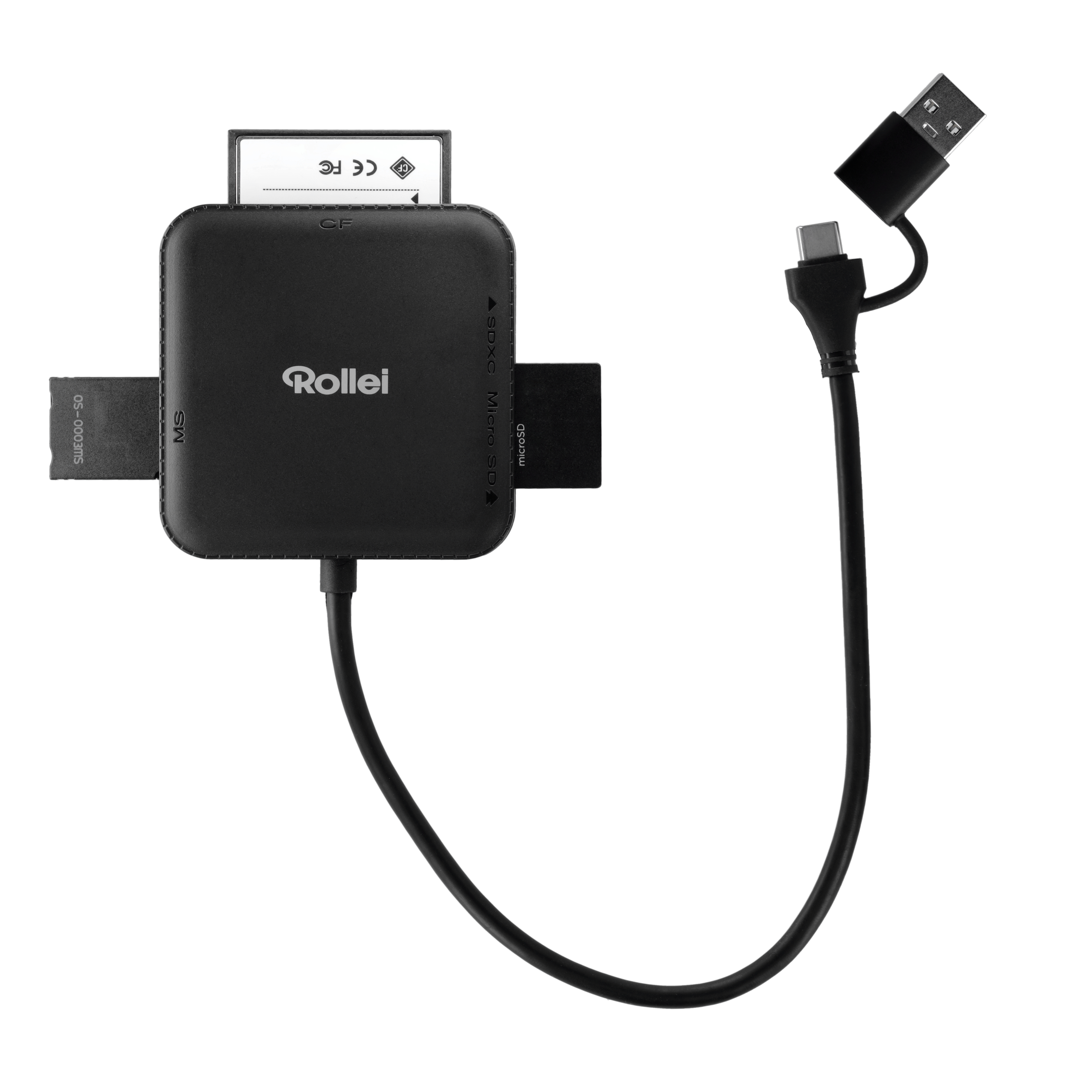 Ein schwarzer Kartenleser mit mehreren Schlitzen, CF-, MS-, microSD- und USB-C-Anschlüssen.