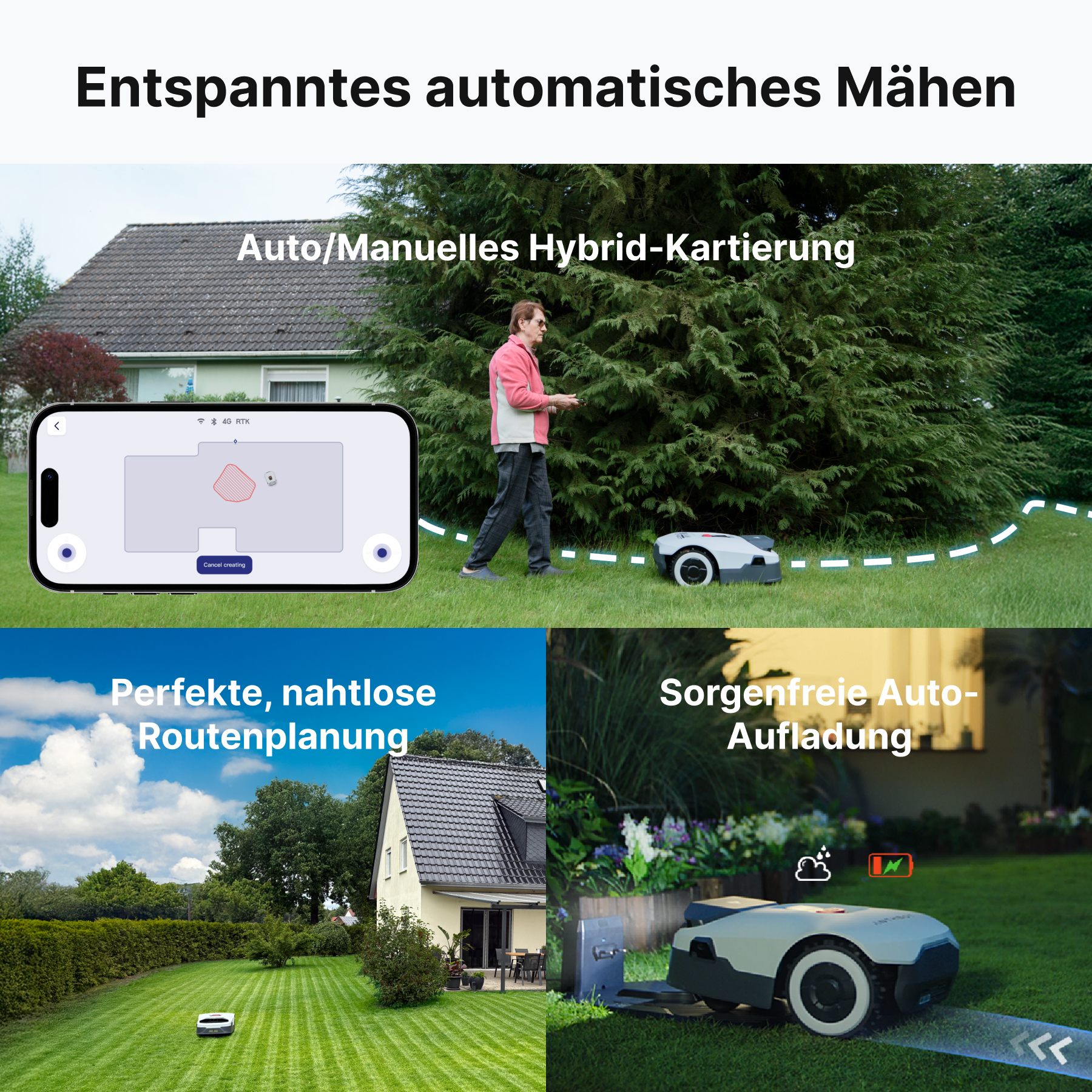 Ein Rasenroboter mäht einen Rasen, während eine Person zusieht. Die App ist auf einem Handy zu sehen.