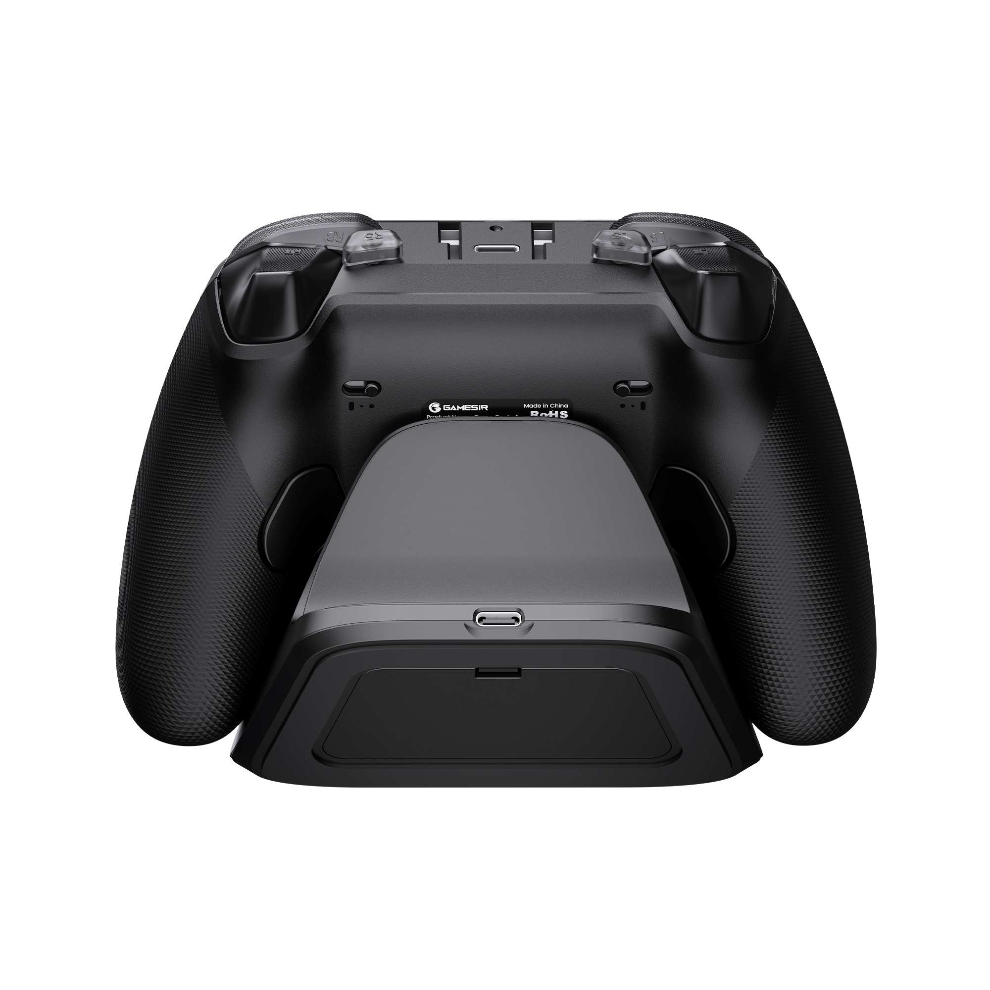Schwarzer Controller auf Ladestation mit USB-C-Anschluss.