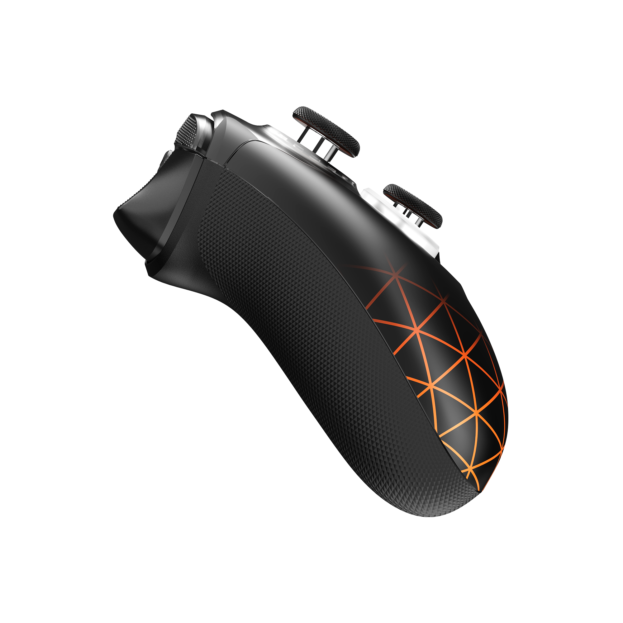 Schwarzer Controller mit orangefarbenem Gittermuster und texturierten Griffen.