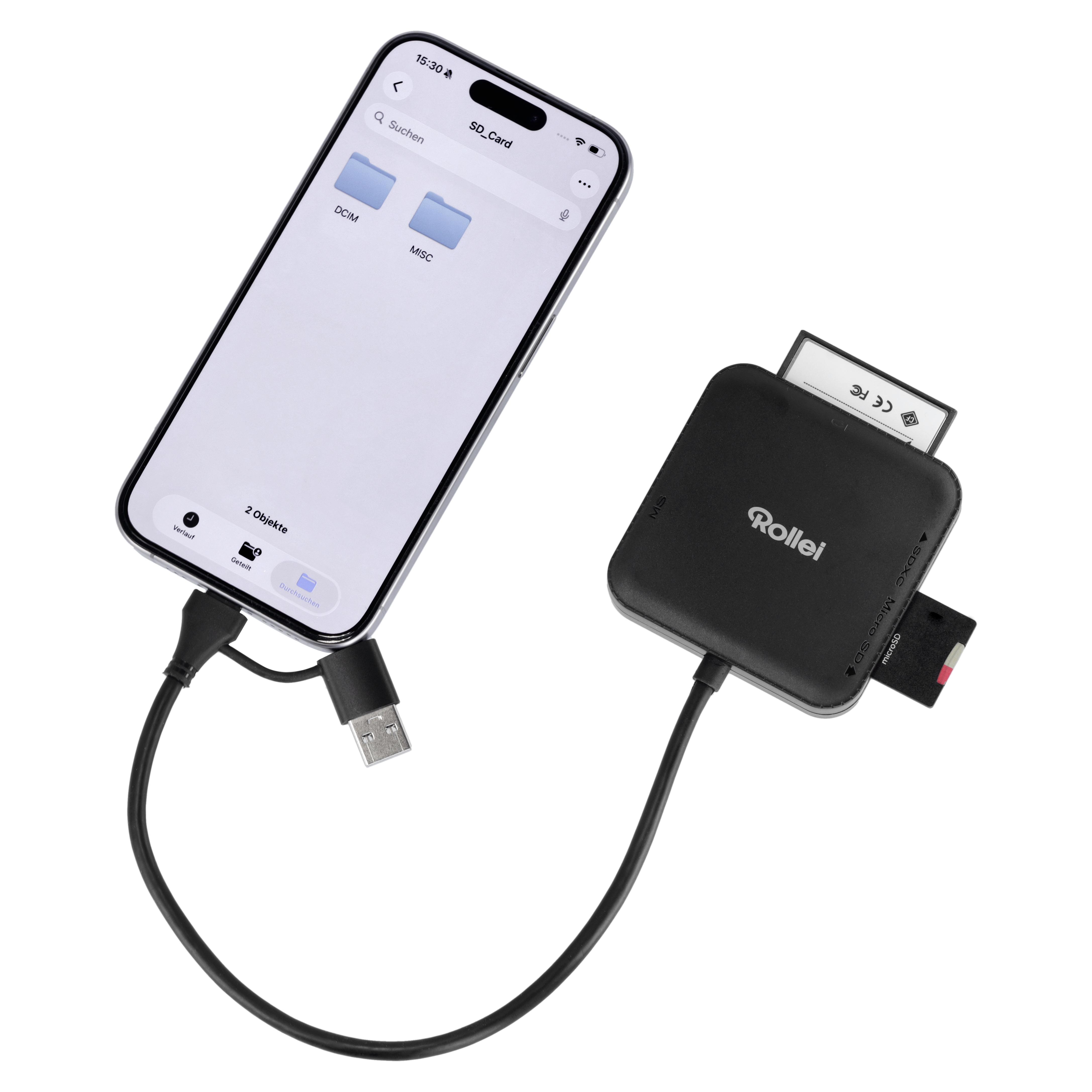 Ein Smartphone ist mit einem Rollei Kartenleser verbunden, der SD- und MicroSD-Karten liest.