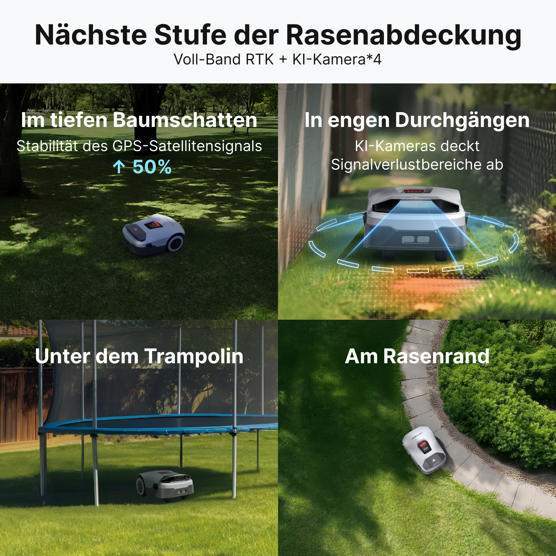 Rasenroboter unter Bäumen, Trampolin und am Rand.