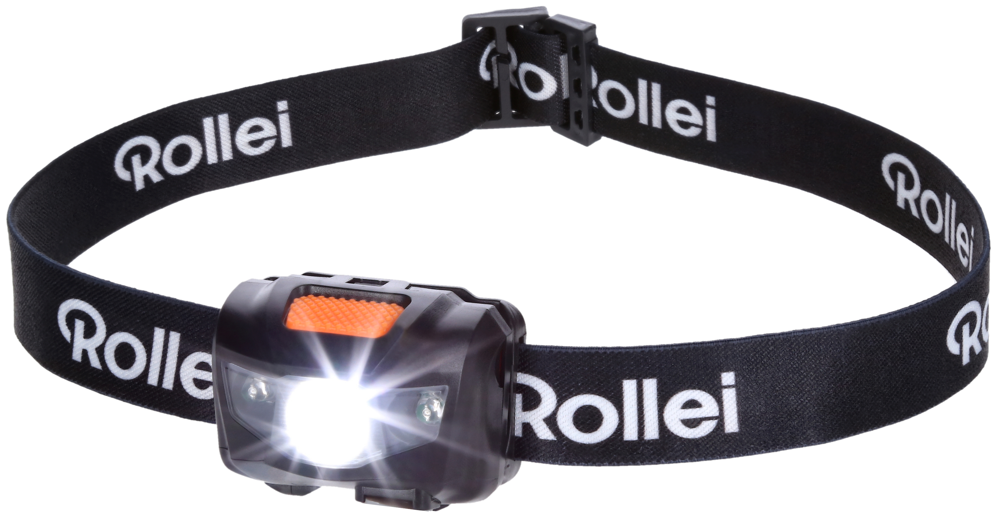 Schwarzes Stirnband mit Rollei-Logo und leuchtender Kopflampe.