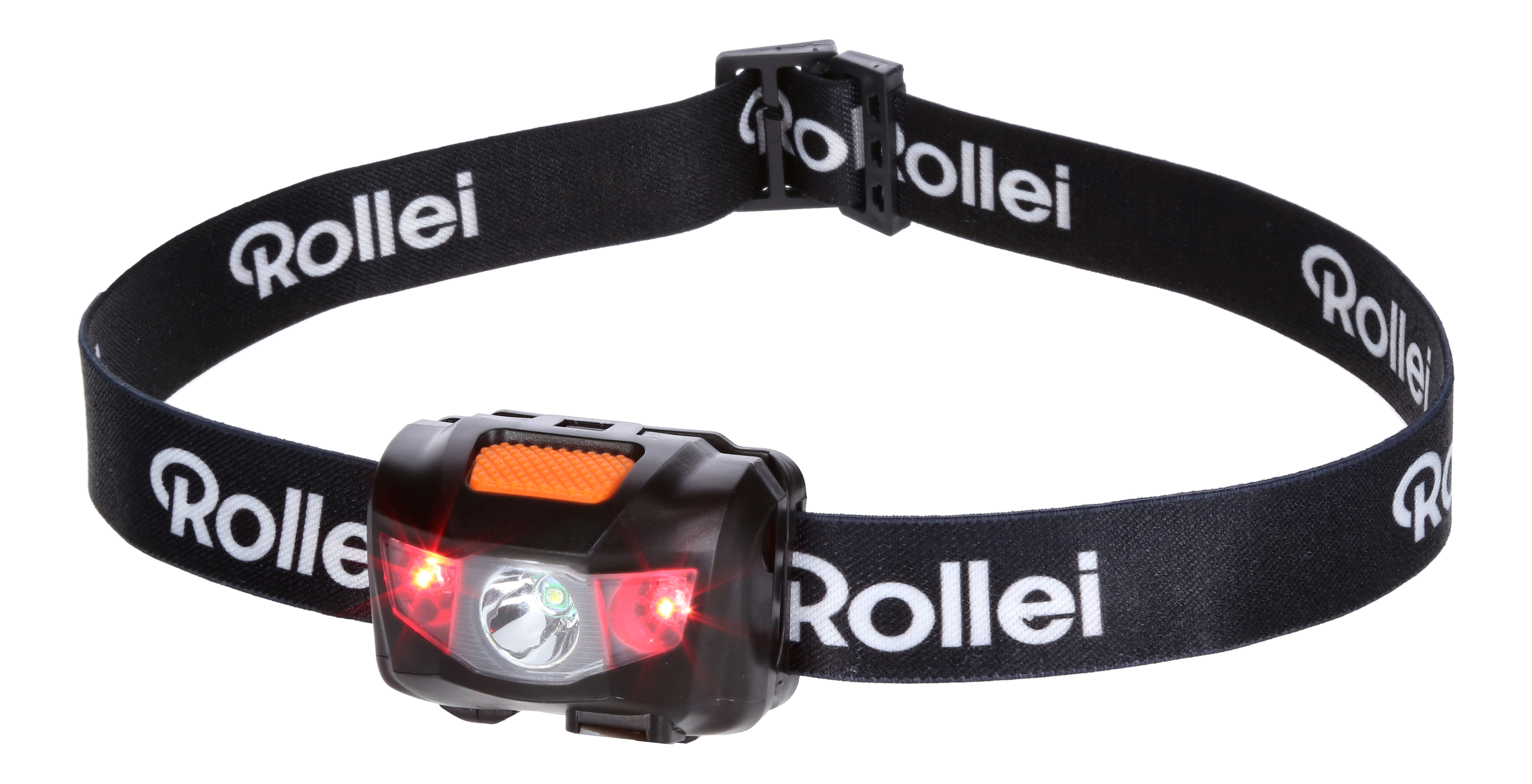 Schwarzes Stirnband mit Rollei-Logo und einer schwarzen Lampe mit roten Lichtern.