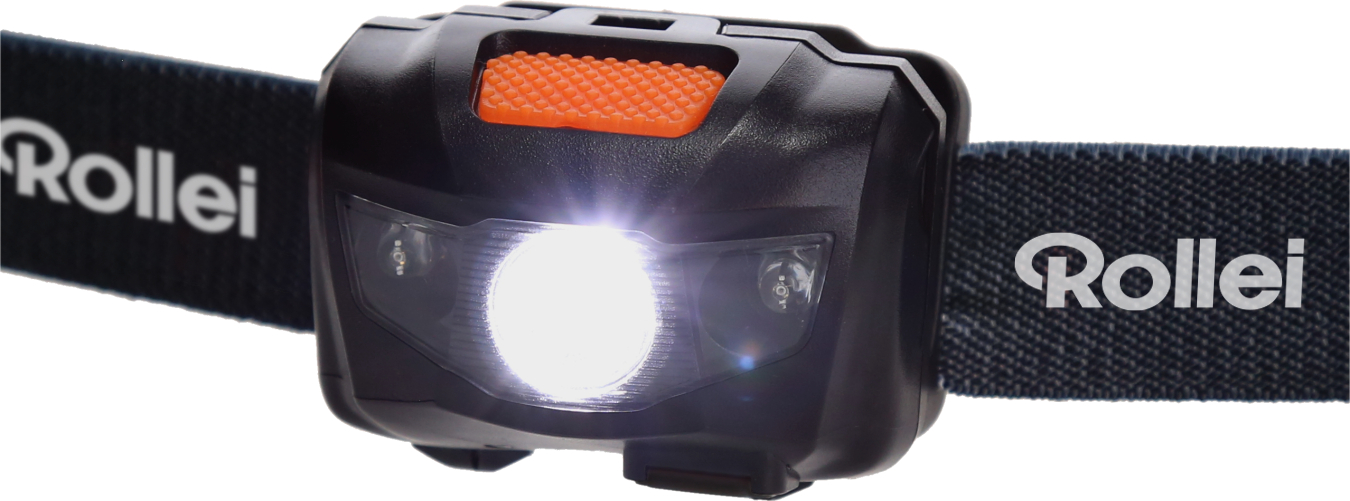 Schwarze Stirnlampe mit Rollei-Logo, hell leuchtendem Licht und orangefarbenem Knopf.