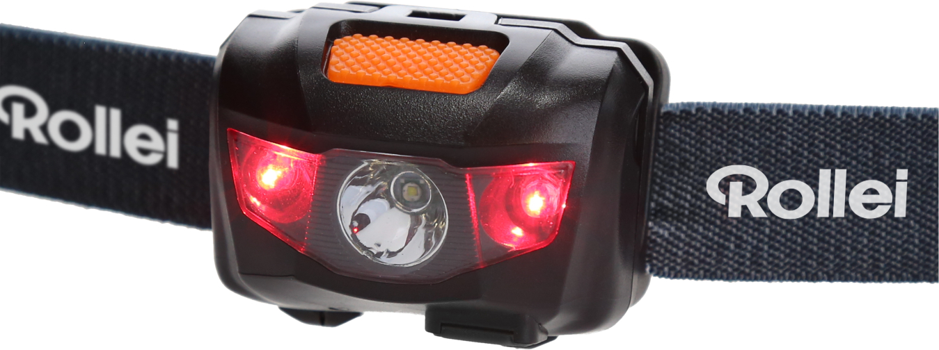 Schwarzer Stirnlampe mit rotem Licht und "Rollei"-Logo auf dem Band.