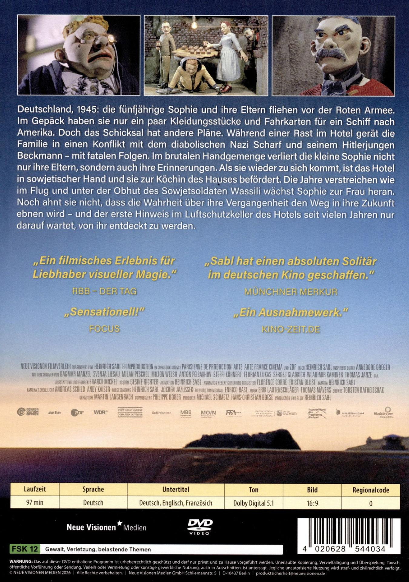 DVD Cover mit Filmbeschreibung und Bildern von Figuren aus dem Film.
