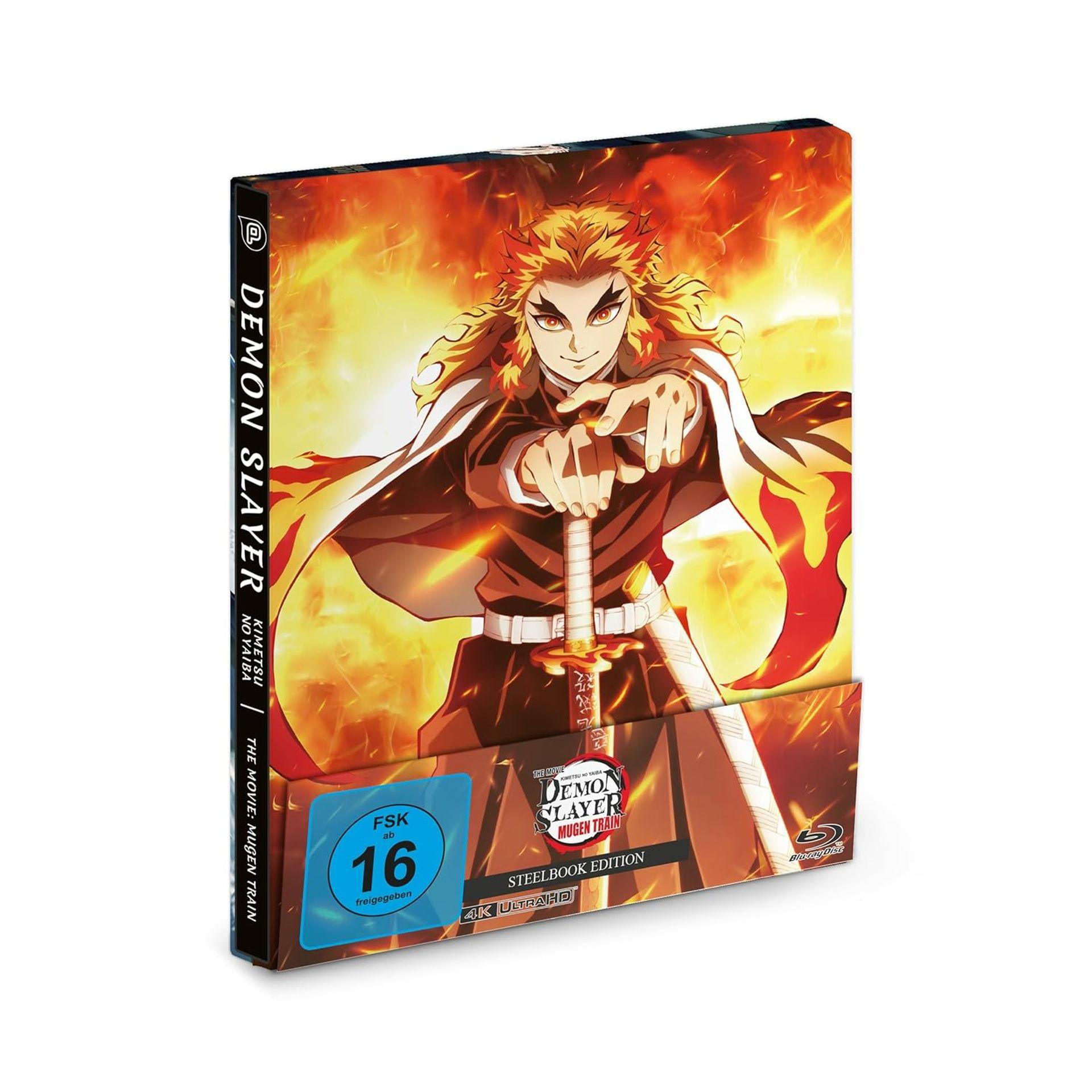 Demon Slayer Steelbook Edition mit Rengoku vor Flammen. FSK 16.