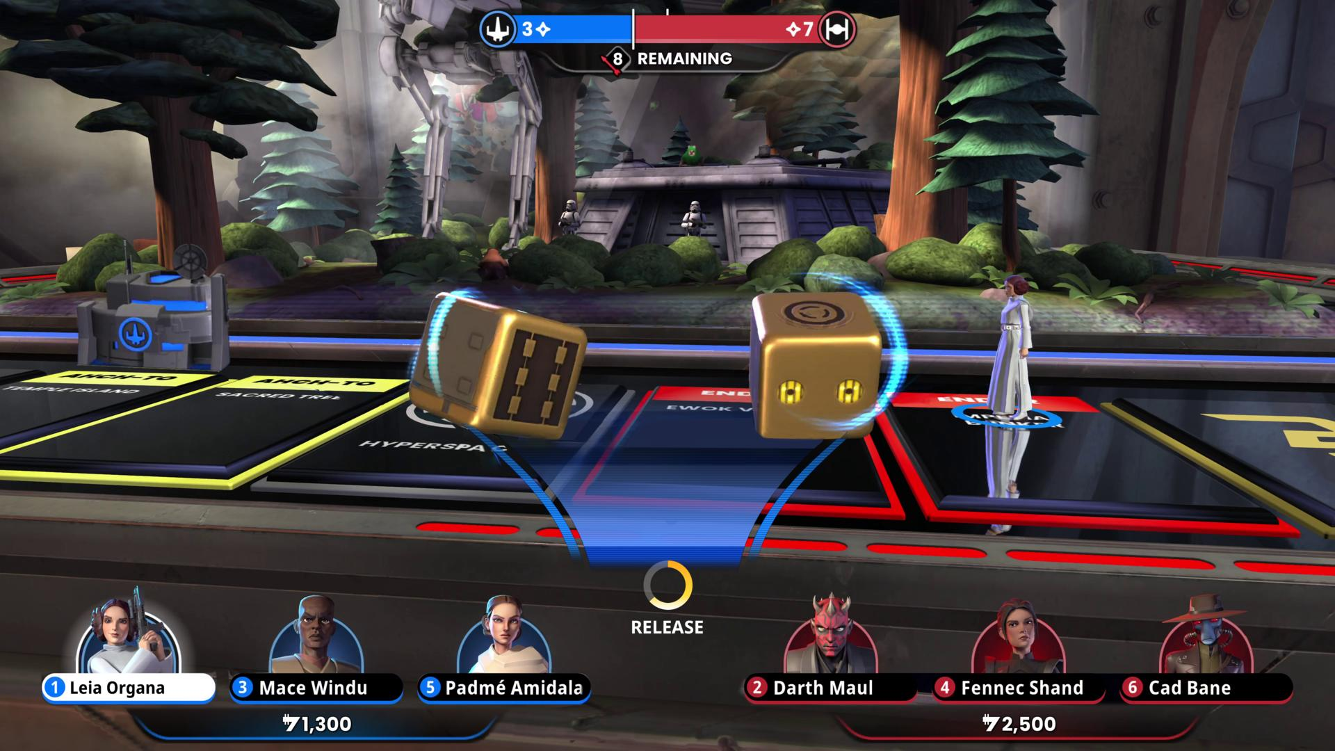 Star Wars Spielbrett mit Würfeln, Figuren und Spielernamen.