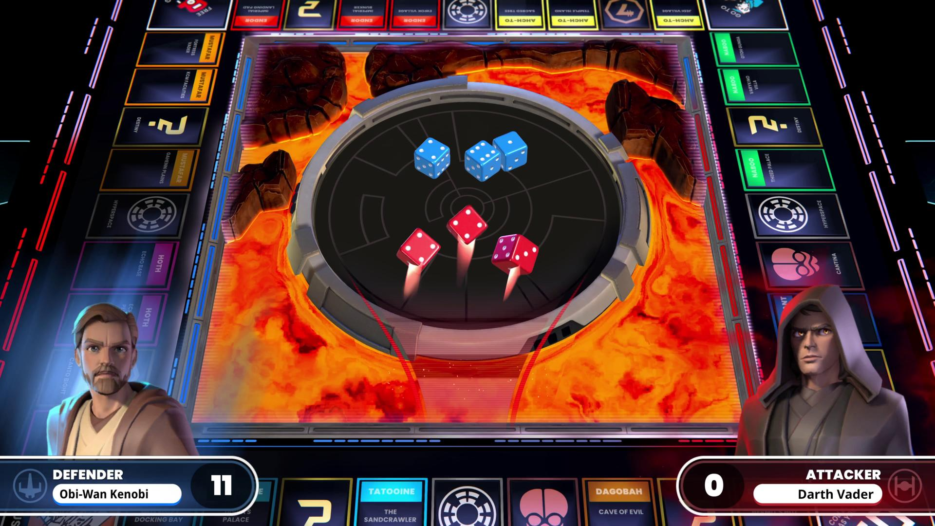 Obi-Wan Kenobi und Darth Vader spielen ein Brettspiel mit Würfeln im Vulkan.