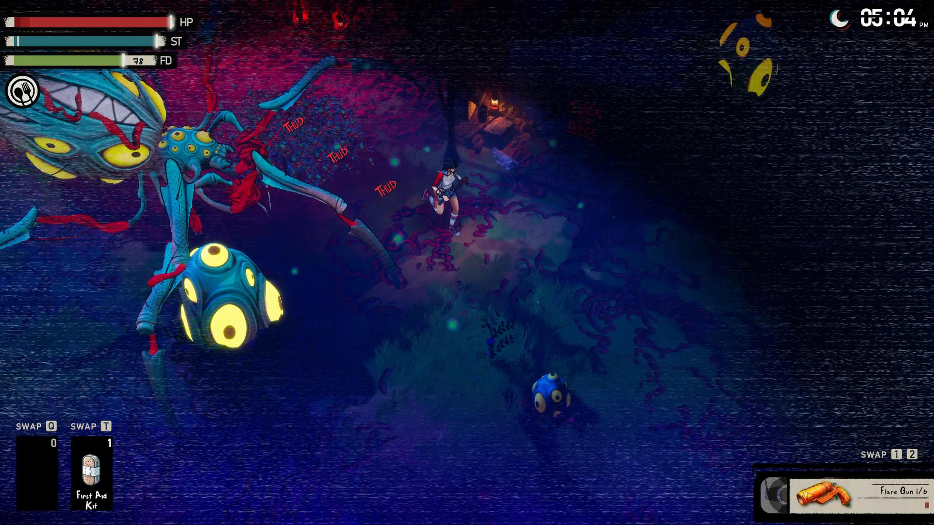 Ein riesiges, blaues Monster mit vielen Augen greift eine Person an. Es ist Nacht.