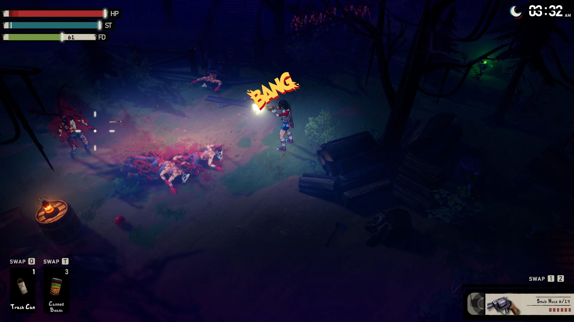 Eine Frau schießt auf Zombies in einem dunklen Wald. Blut spritzt.