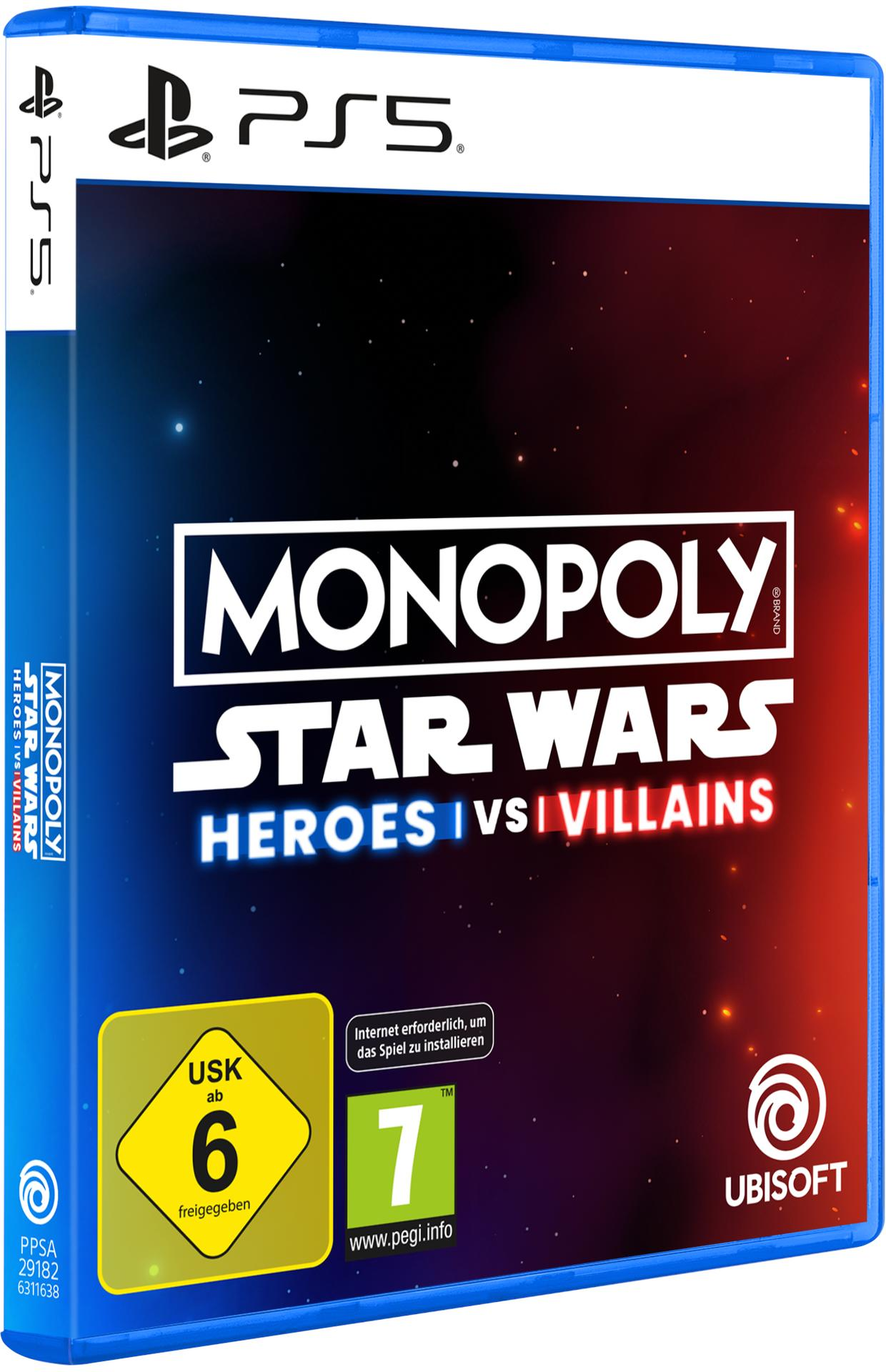 PS5 Monopoly Star Wars Heroes vs Villains Spielhülle mit USK 6 und PEGI 7 Bewertung.