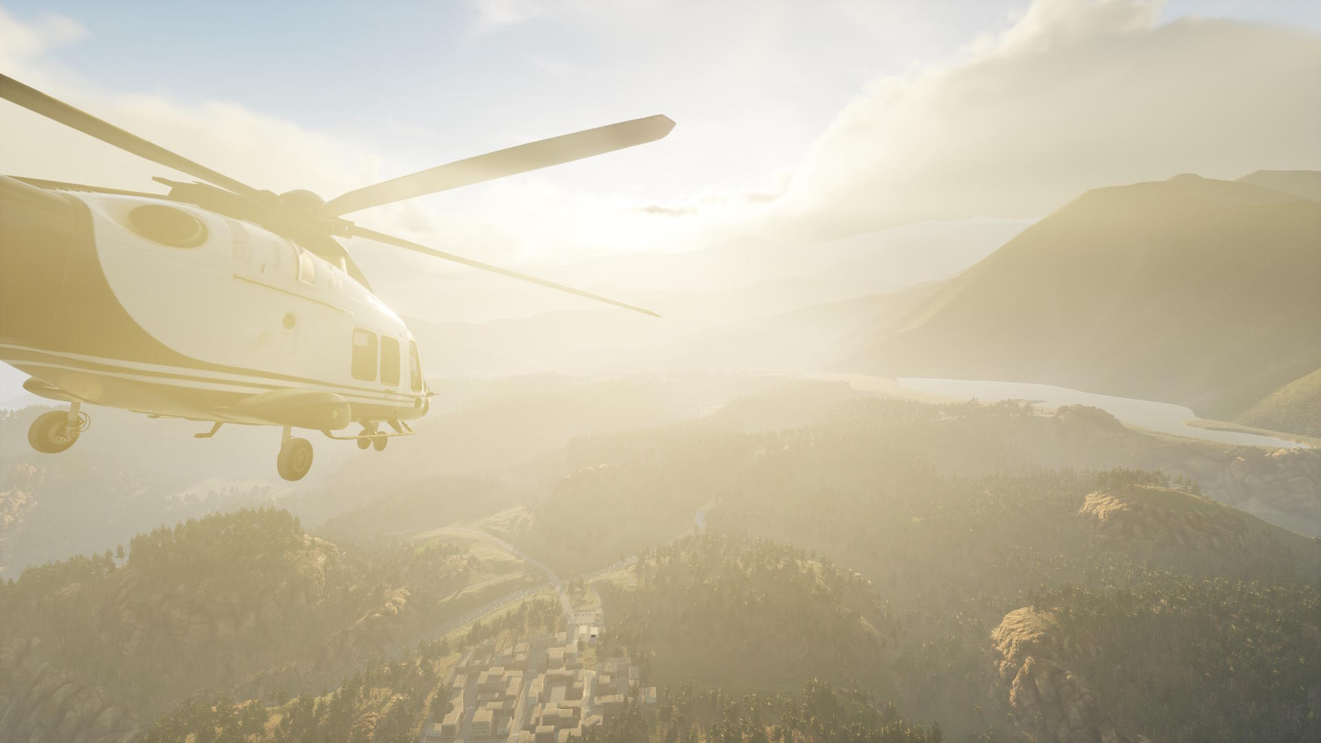 Ein weißer Helikopter fliegt über eine bergige Landschaft mit einer Stadt und einem See.