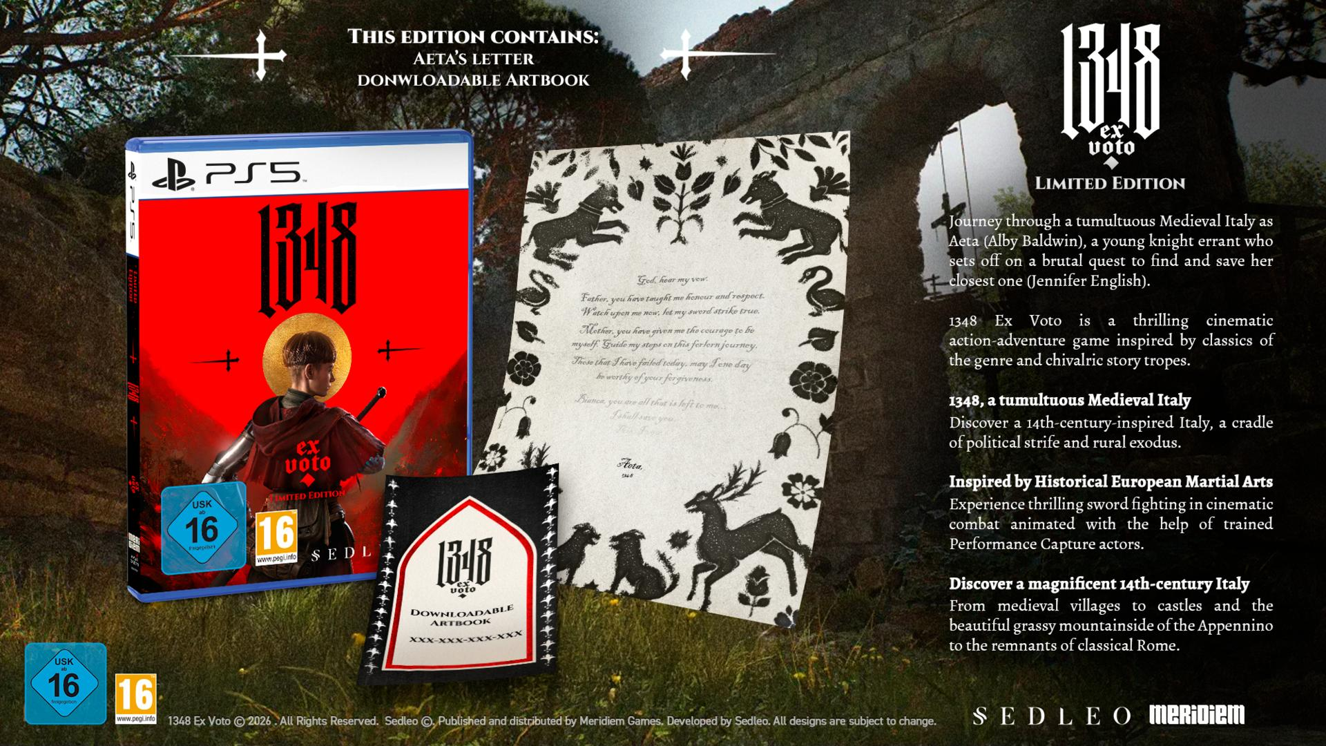 PS5-Spielverpackung, Brief und Artbook für 1348 Ex Voto auf dunklem Hintergrund.