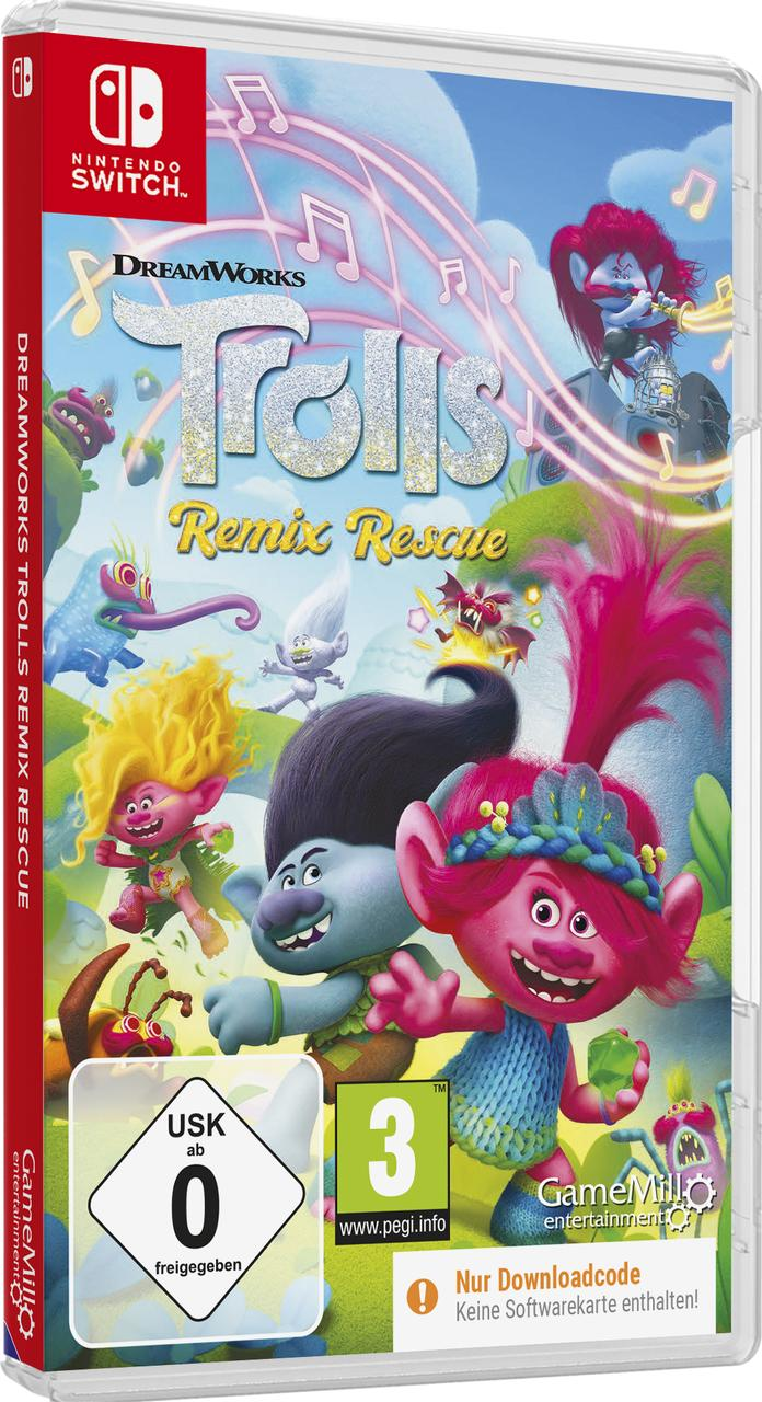 Nintendo Switch-Spiel "DreamWorks Trolls Remix Rescue" mit bunten Troll-Charakteren und Musiknoten.
