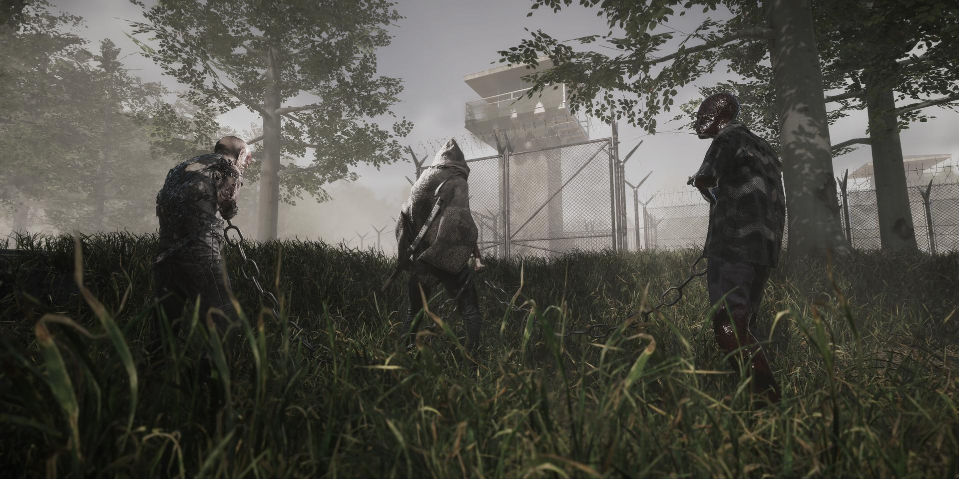 Drei Zombies werden in einem überwucherten Feld von einem Wachturm aus bewacht.
