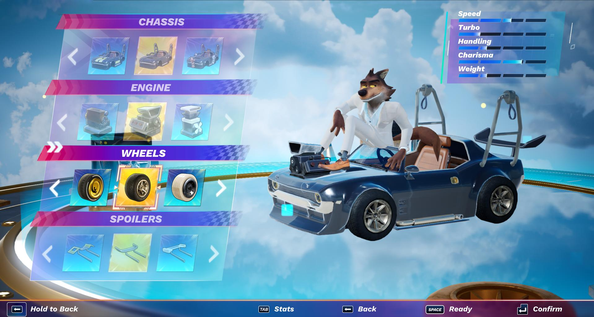 Ein Wolf im Anzug sitzt in einem blauen Auto. Menüs sind links.