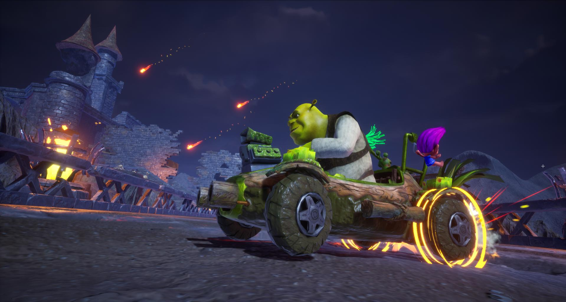 Shrek fährt in einem Baumstamm-Rennwagen, während Feuerbälle auf eine Burg fliegen.