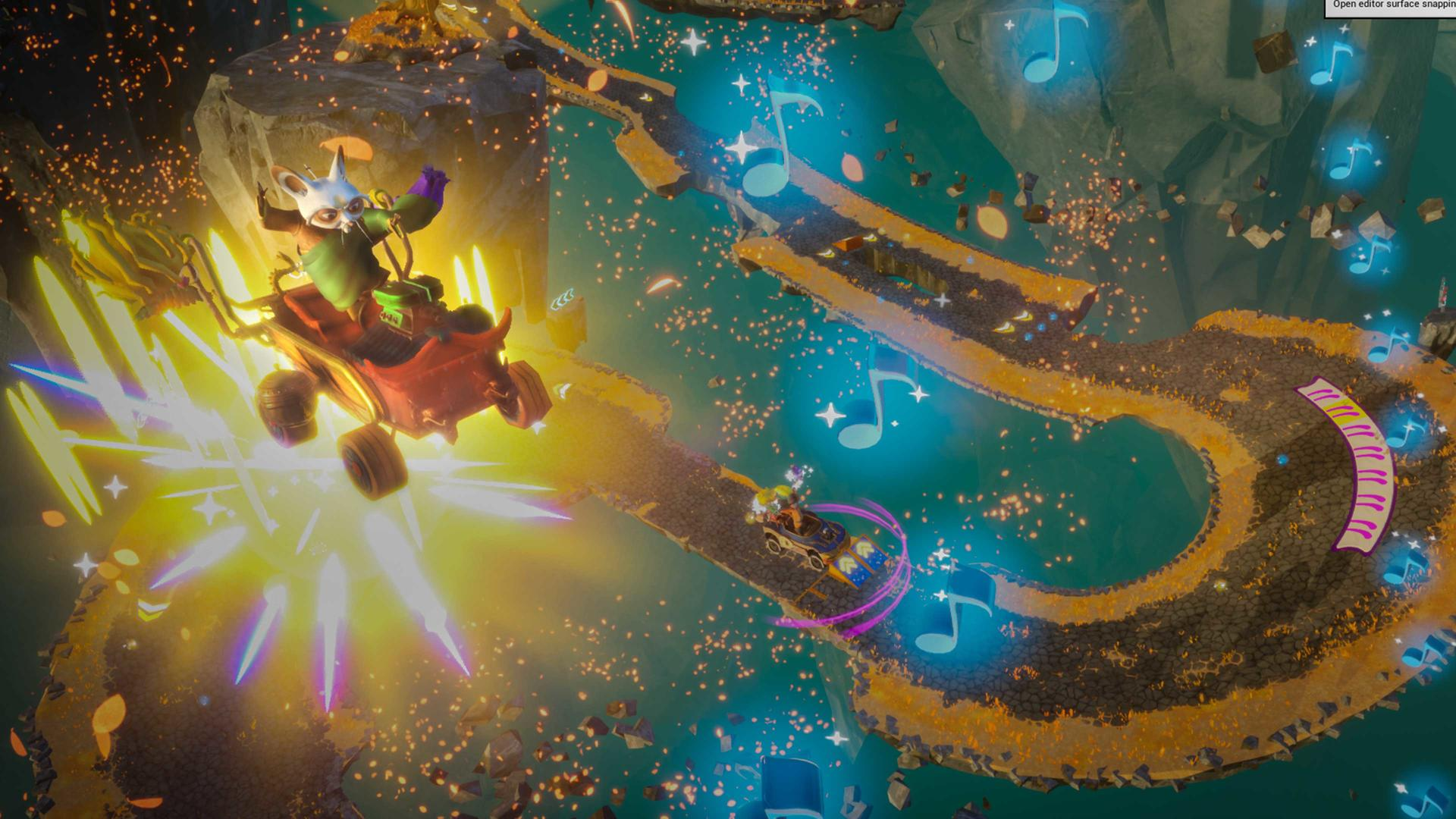 Eine Cartoon-Maus in einem roten Kart rast auf einer Strecke mit Musiknoten.