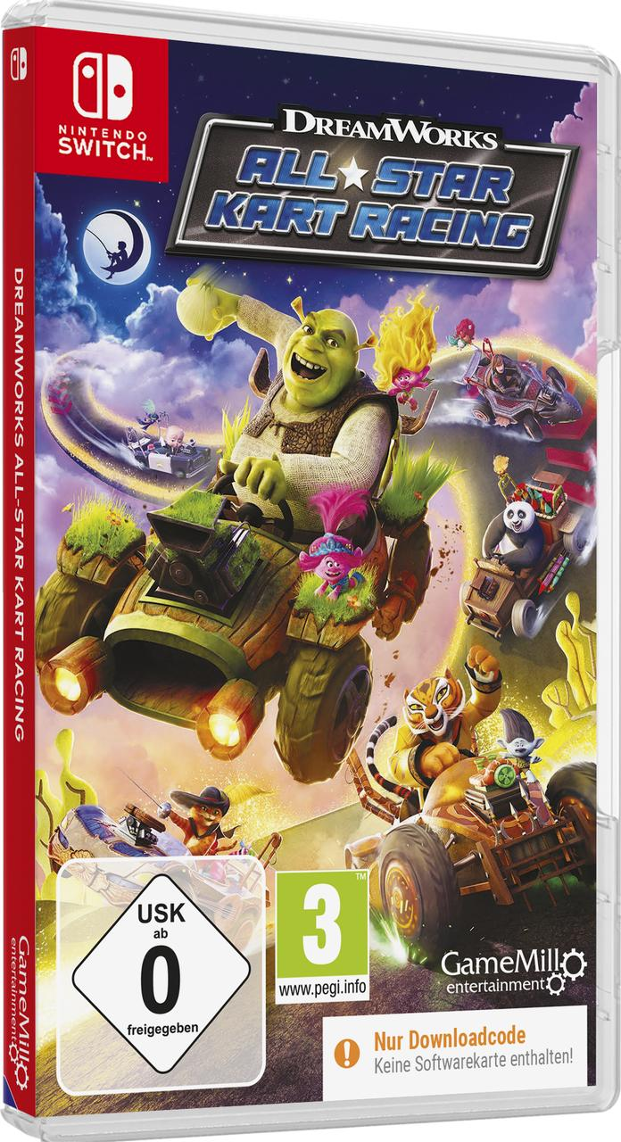 Shrek fährt ein Kart mit Trolls und Po, Tiger und Puss in Boots auf einer Rennstrecke.