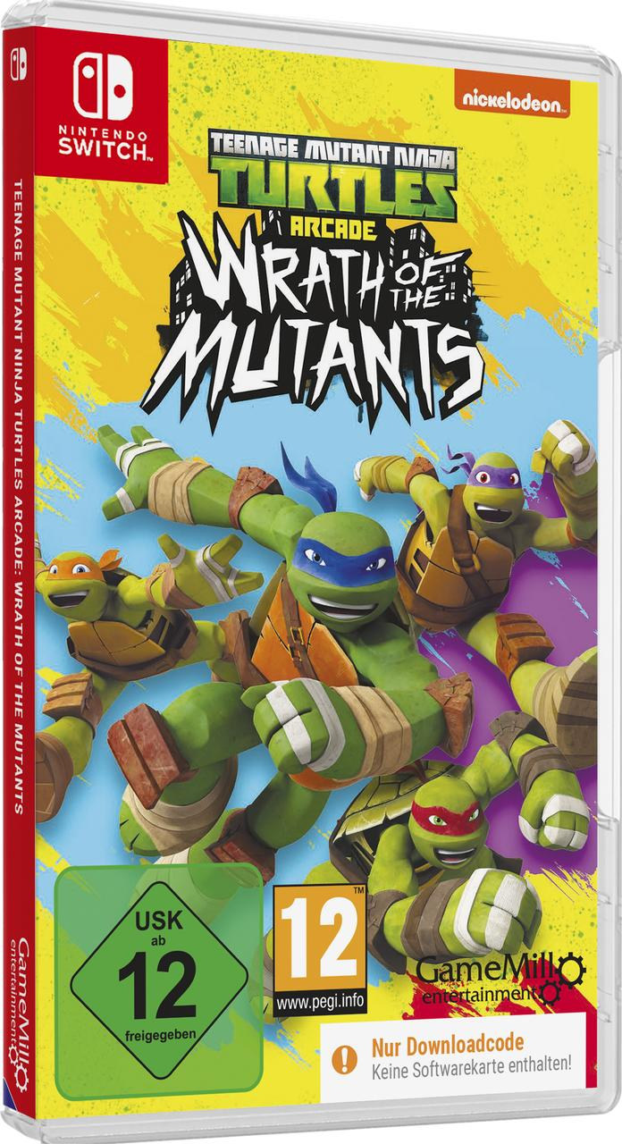 Teenage Mutant Ninja Turtles-Spielhülle mit vier Schildkröten, die kämpfen, und USK-12-Siegel.