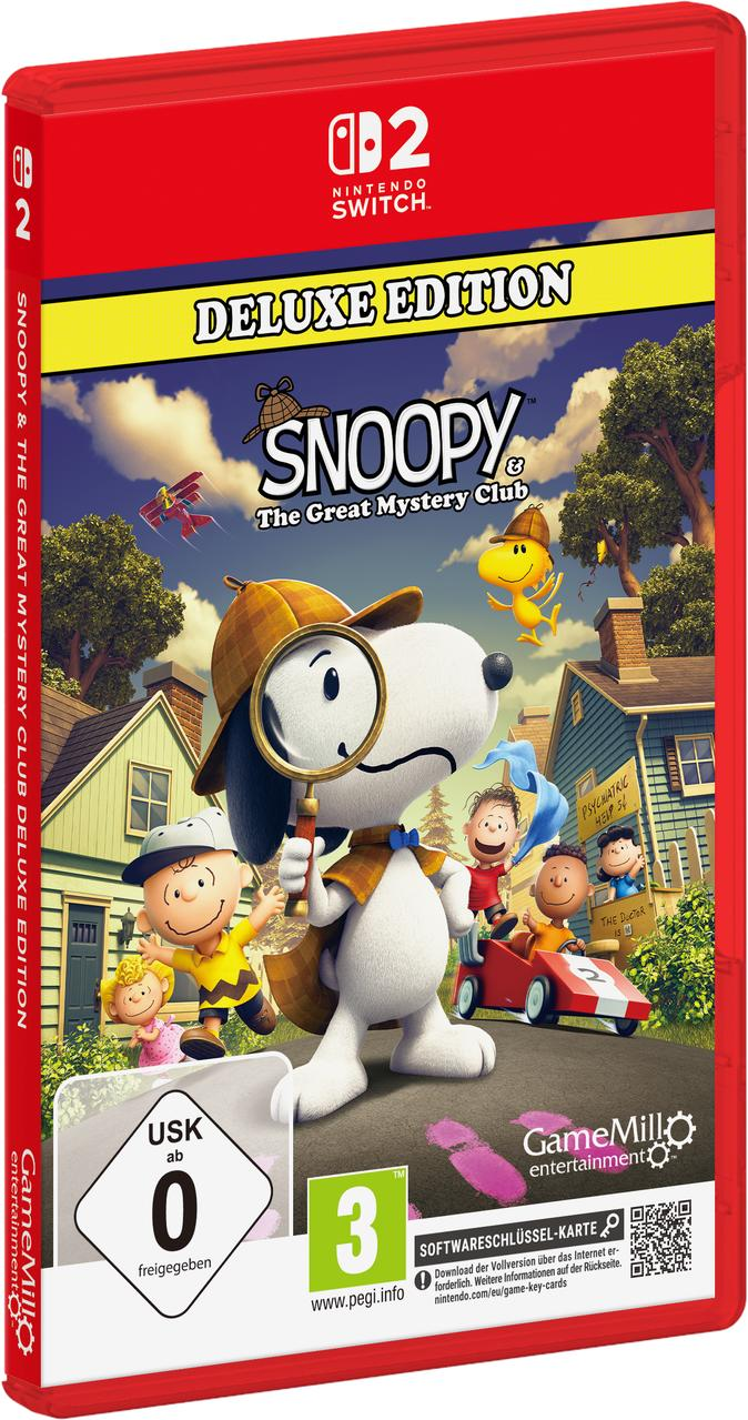 Snoopy als Detektiv mit Lupe, umgeben von Peanuts-Figuren und einem Spiel für Nintendo Switch.