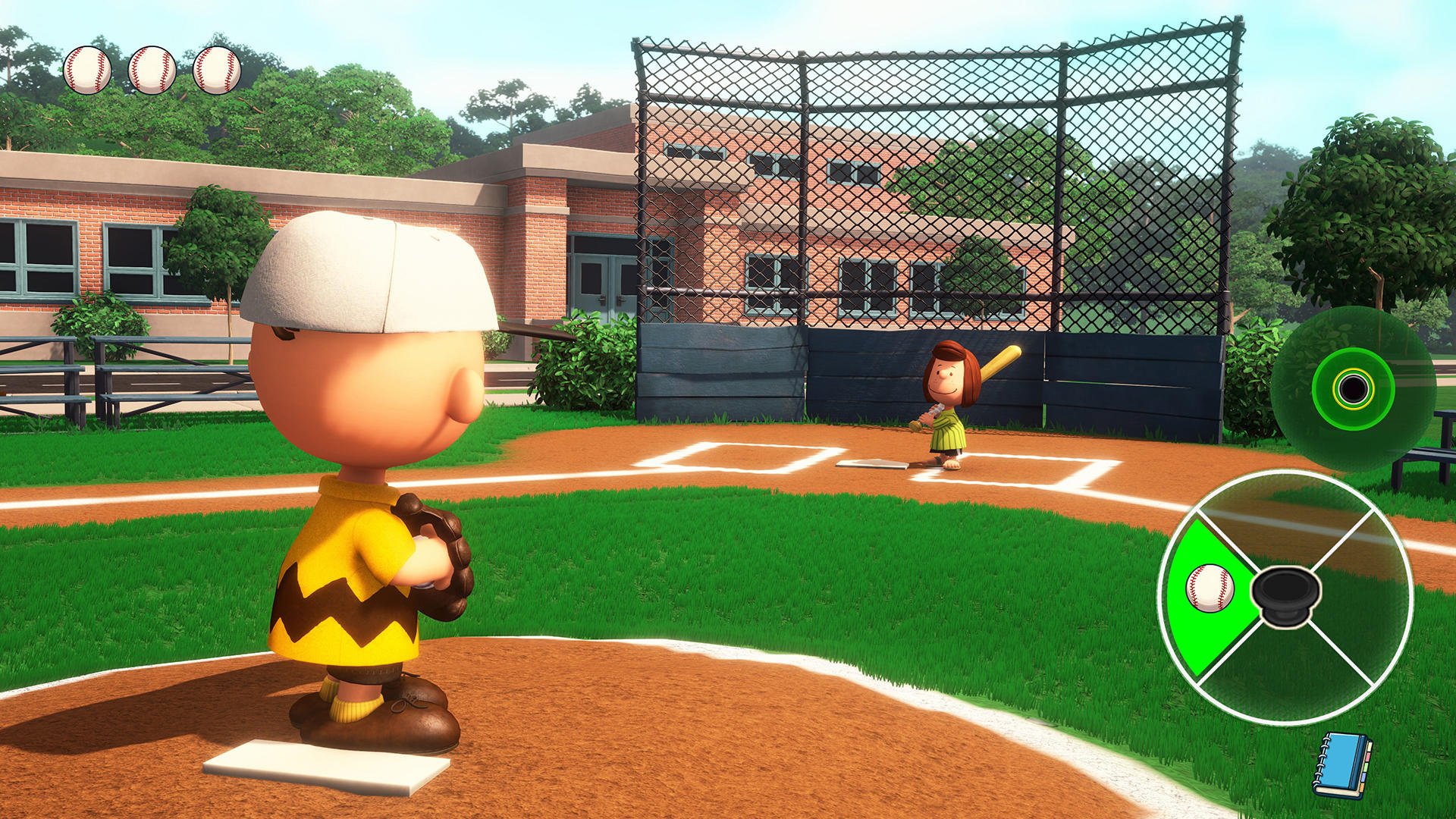 Charlie Brown als Pitcher mit Handschuh, bereit zu werfen. Peppermint Patty schwingt den Schläger.