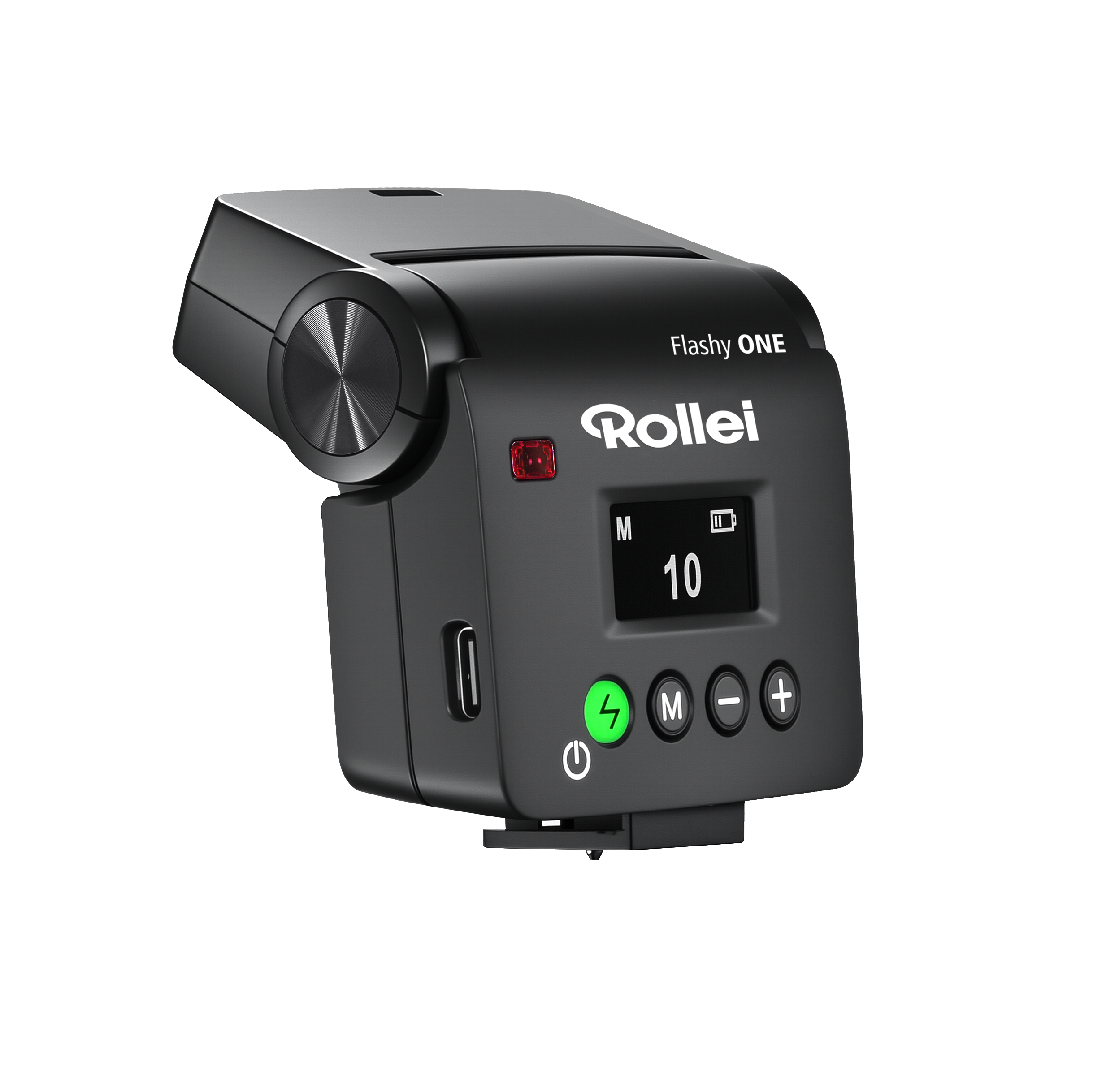 Ein schwarzer Rollei Flashy ONE Blitz mit LCD-Display, USB-C und Bedienelementen.