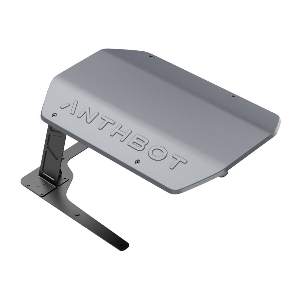 Grauer Metallschutz mit dem Logo 'ANTHBOT' auf schwarzem Hintergrund.