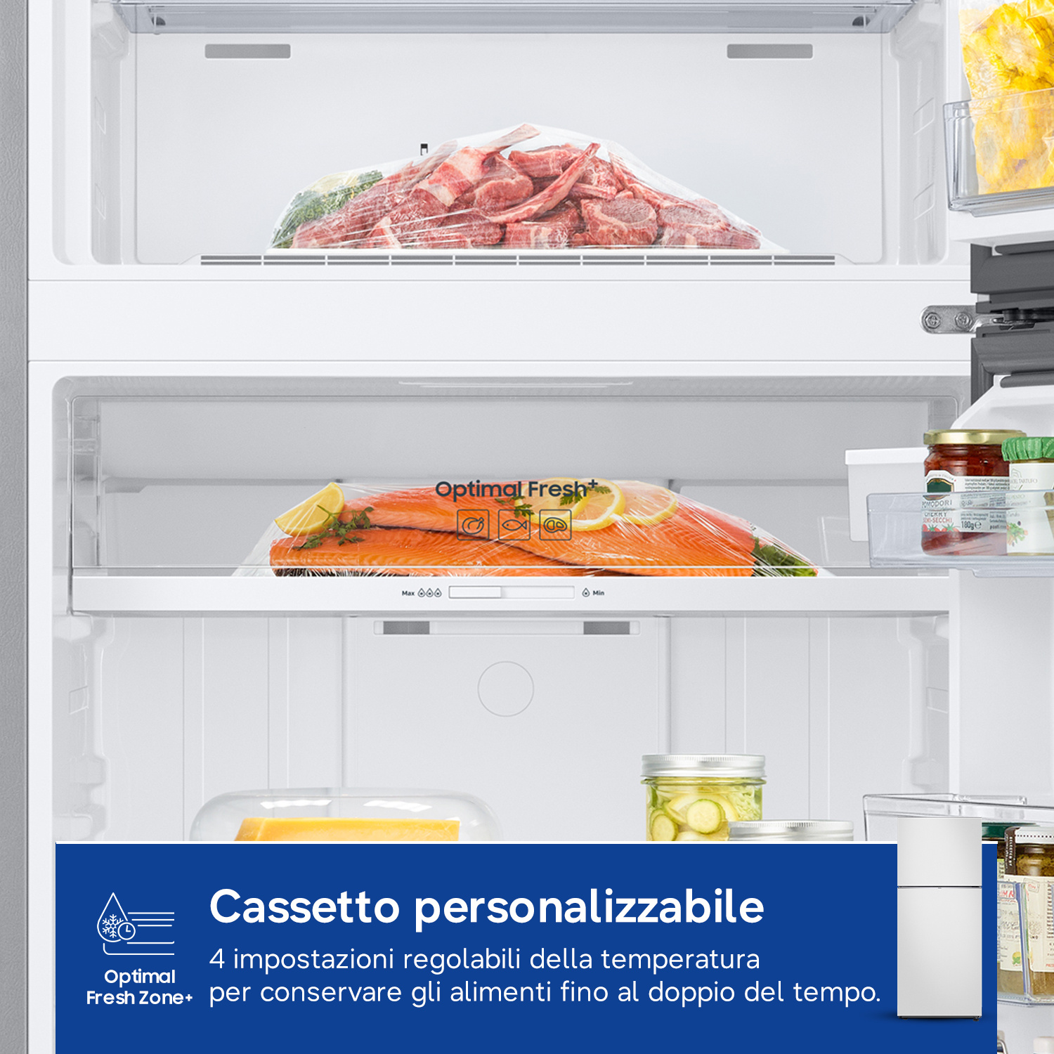 Interno frigorifero con carne, pesce, zucchine e marmellata.