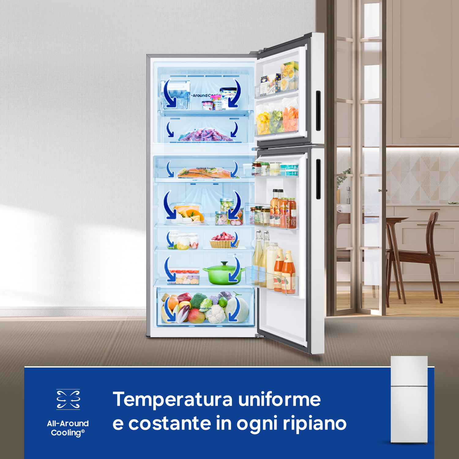 Un frigorifero aperto con cibo su più ripiani. Un blocco di testo in basso dice “Temperatura uniforme e costante su ogni ripiano”.