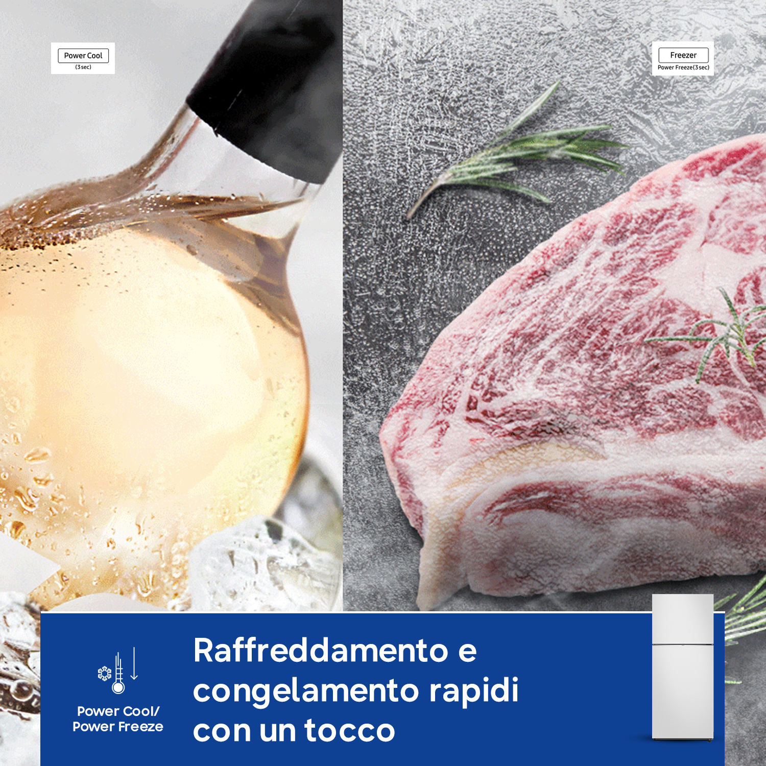 Vista divisa: A sinistra liquido di raffreddamento, a destra carne cruda con rosmarino.