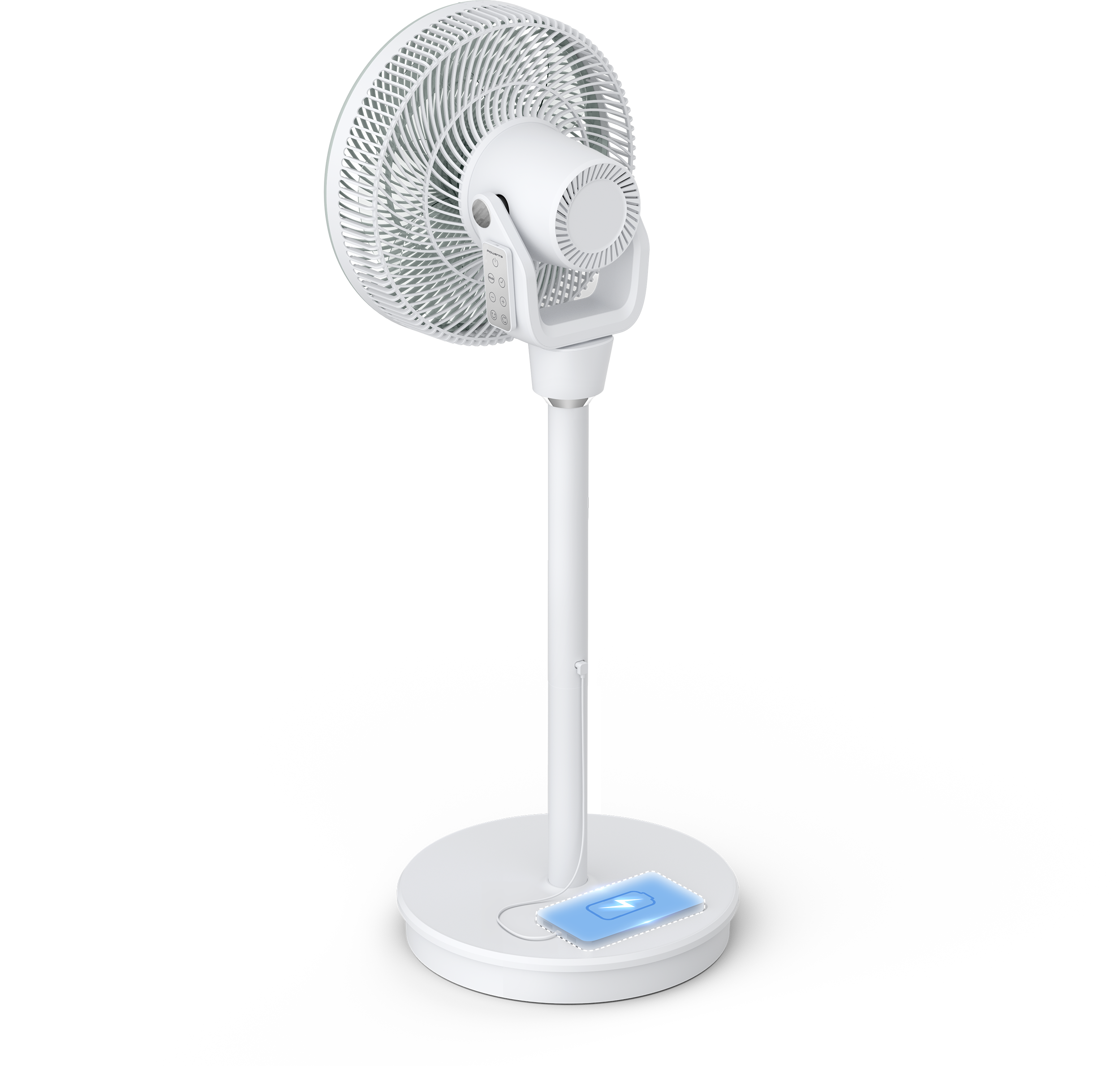 Egy fehér álló ventilátor távirányítóval az alján és töltés szimbólummal.